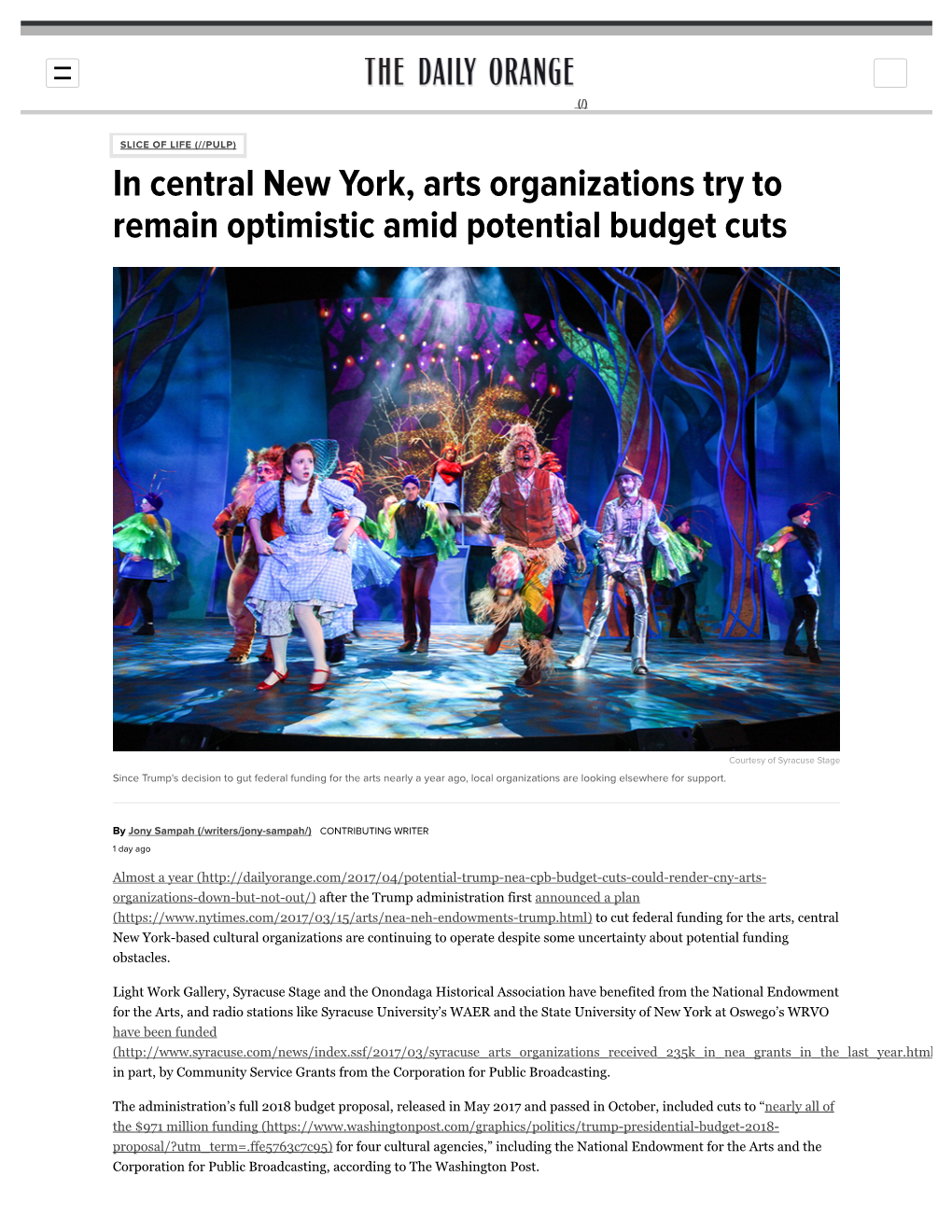 Daily Orange – in Central New York, Arts Organizations Try to Remain Optimistic Amid Potential Budget Cuts