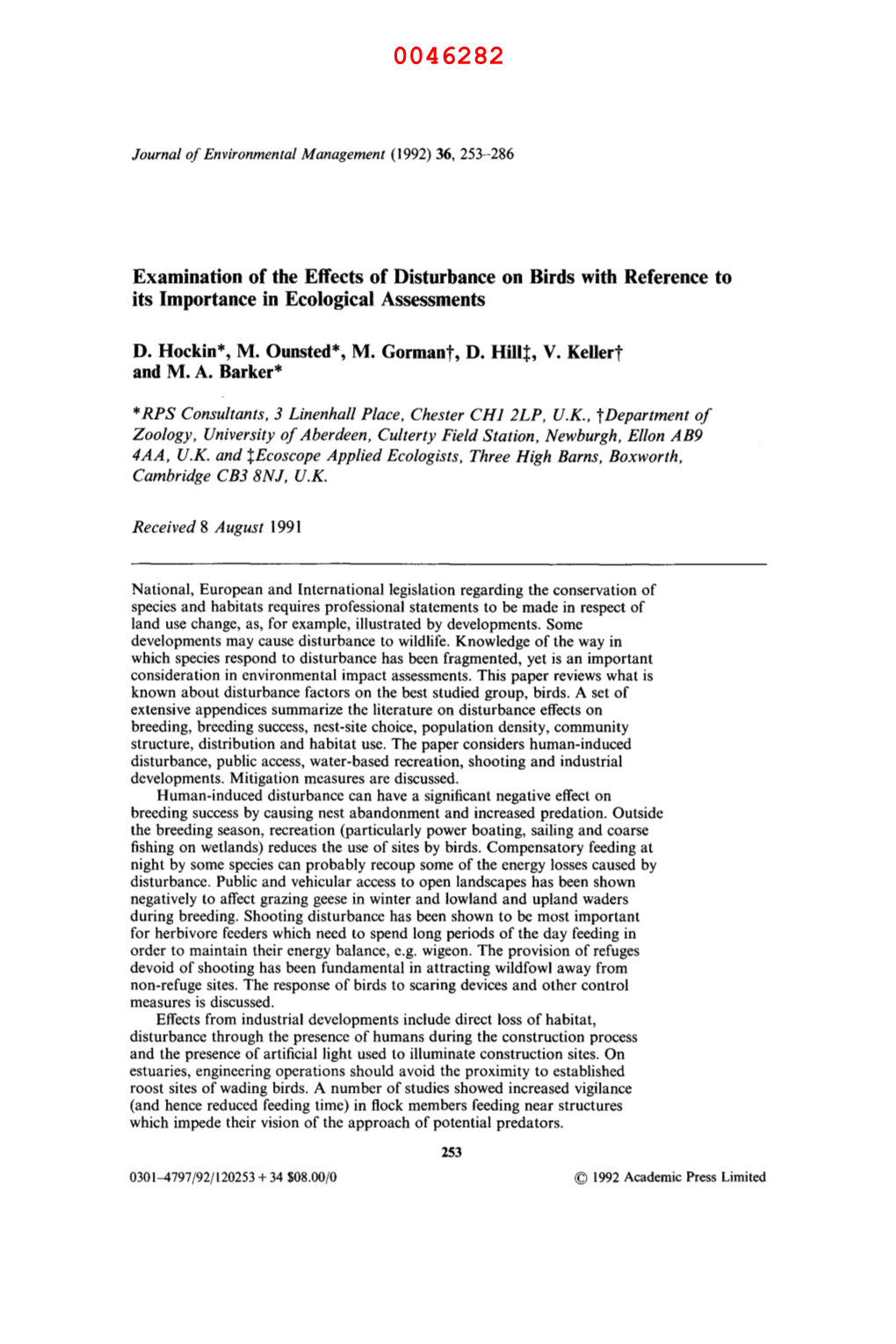 Examination of the Effects of Disturbance on Birds with Reference to Its Importance in Ecological Assessments