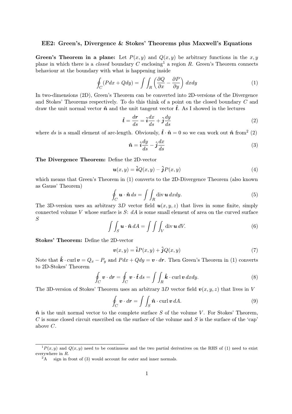 EE2: Green's, Divergence & Stokes' Theorems Plus Maxwell's Equations