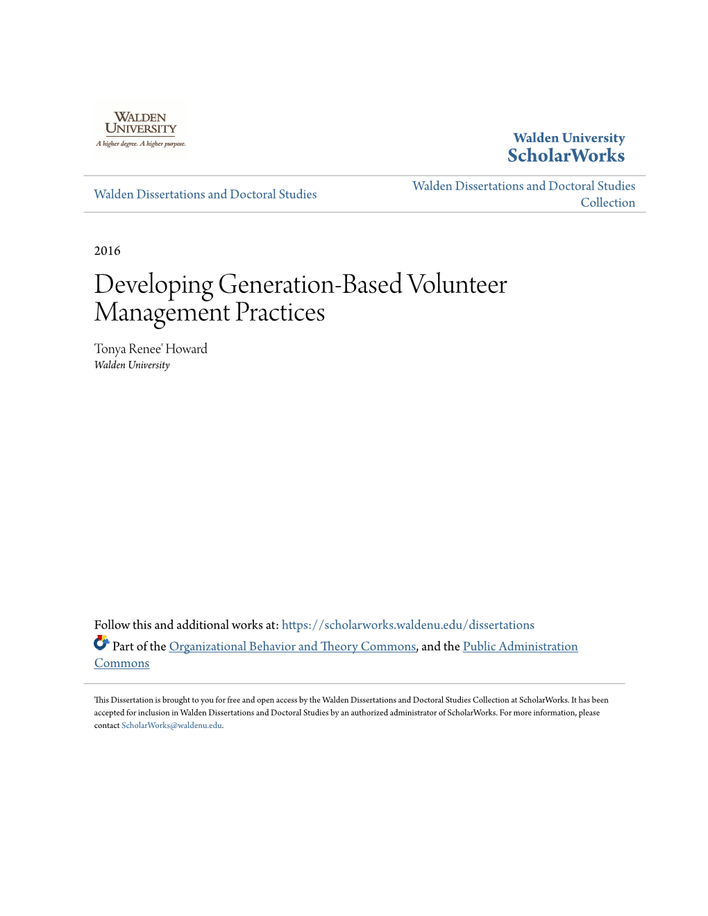 Developing Generation-Based Volunteer Management Practices Tonya Renee' Howard Walden University