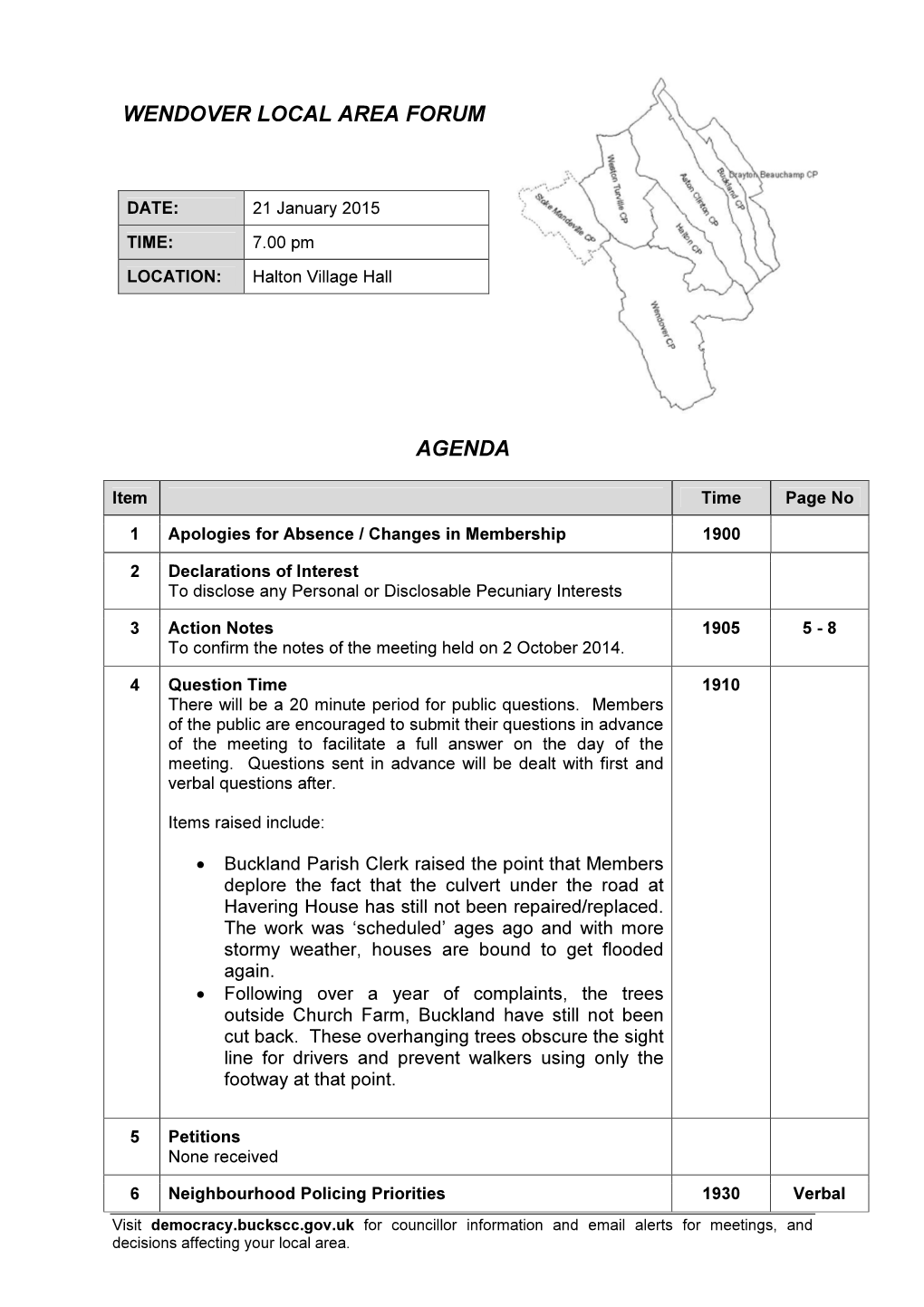 Agenda Document for Wendover Local Area Forum, 21/01/2015 19:00