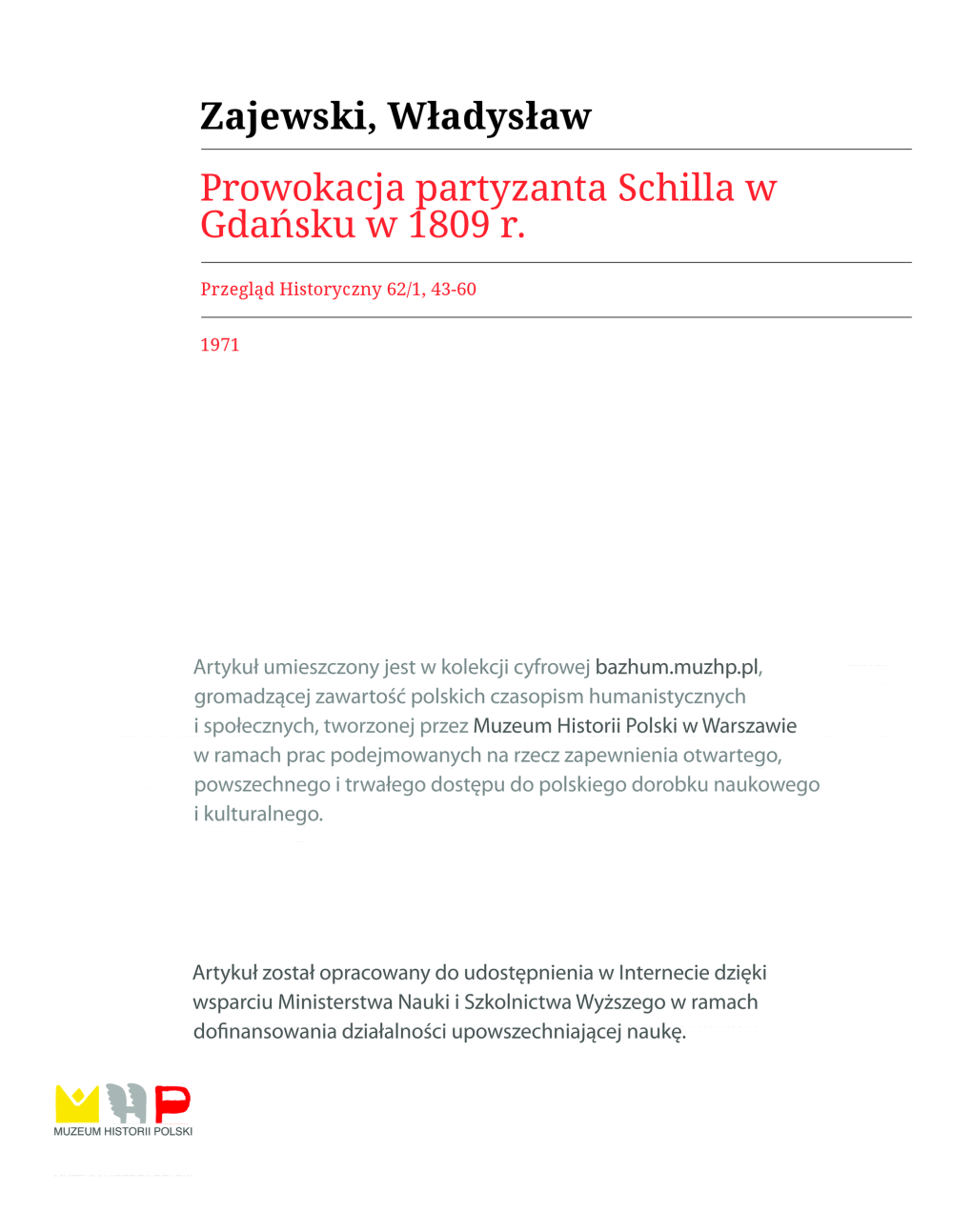 Prowokacja Partyzanta Schilla W Gdańsku W 1809 R. \