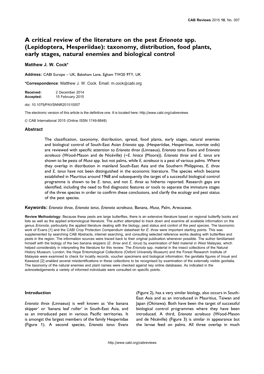 A Critical Review of the Literature on the Pest Erionota Spp