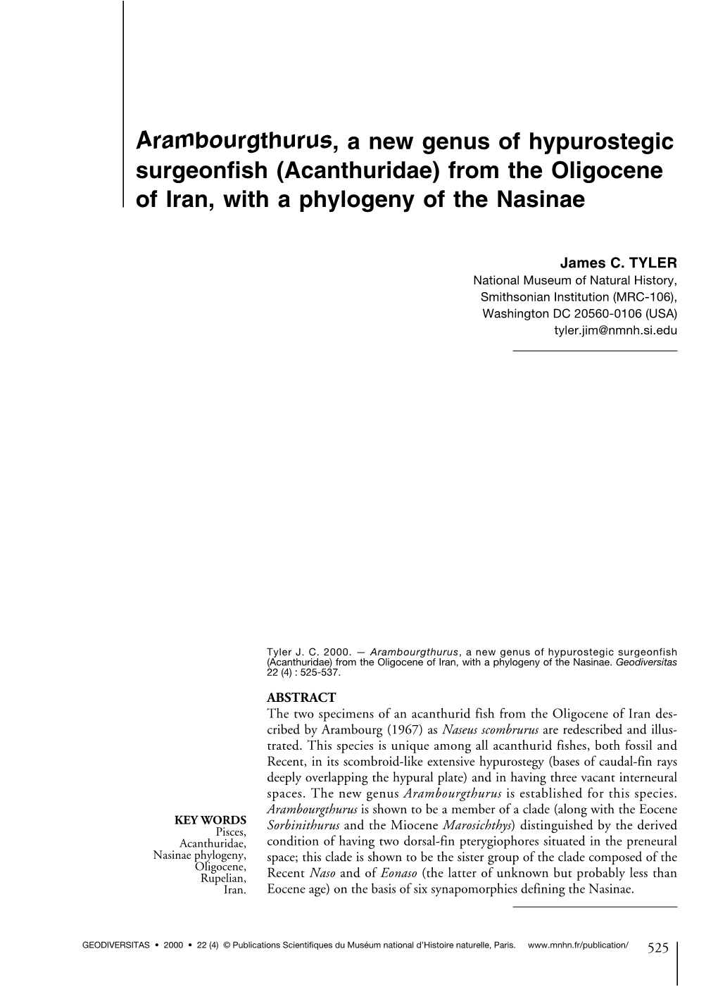 Arambourgthurus, a New Genus of Hypurostegic Surgeonfish (Acanthuridae) from the Oligocene of Iran, with a Phylogeny of the Nasinae