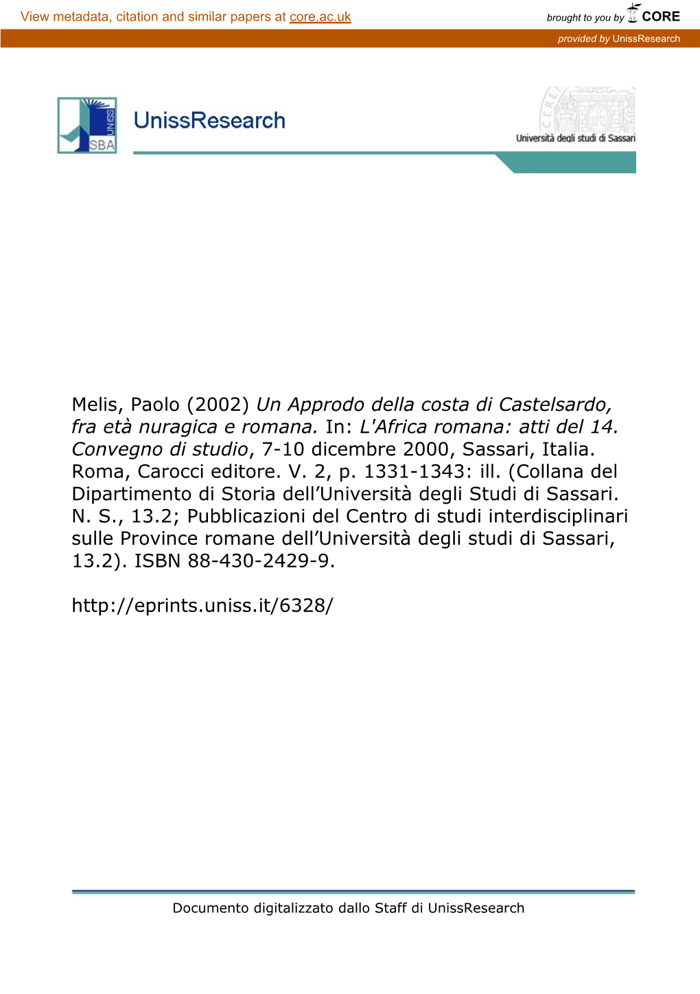 Melis, Paolo (2002) Un Approdo Della Costa Di Castelsardo, Fra Età Nuragica E Romana