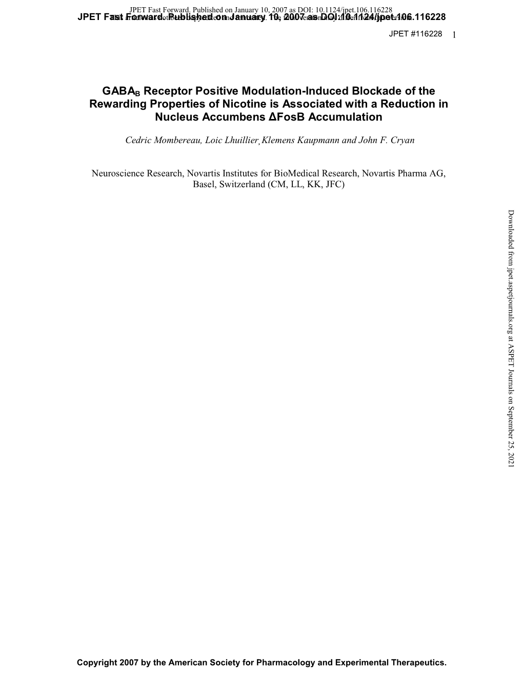 GABAB Receptor Positive Modulation-Induced Blockade of the Rewarding Properties of Nicotine Is Associated with a Reduction in Nucleus Accumbens ∆Fosb Accumulation