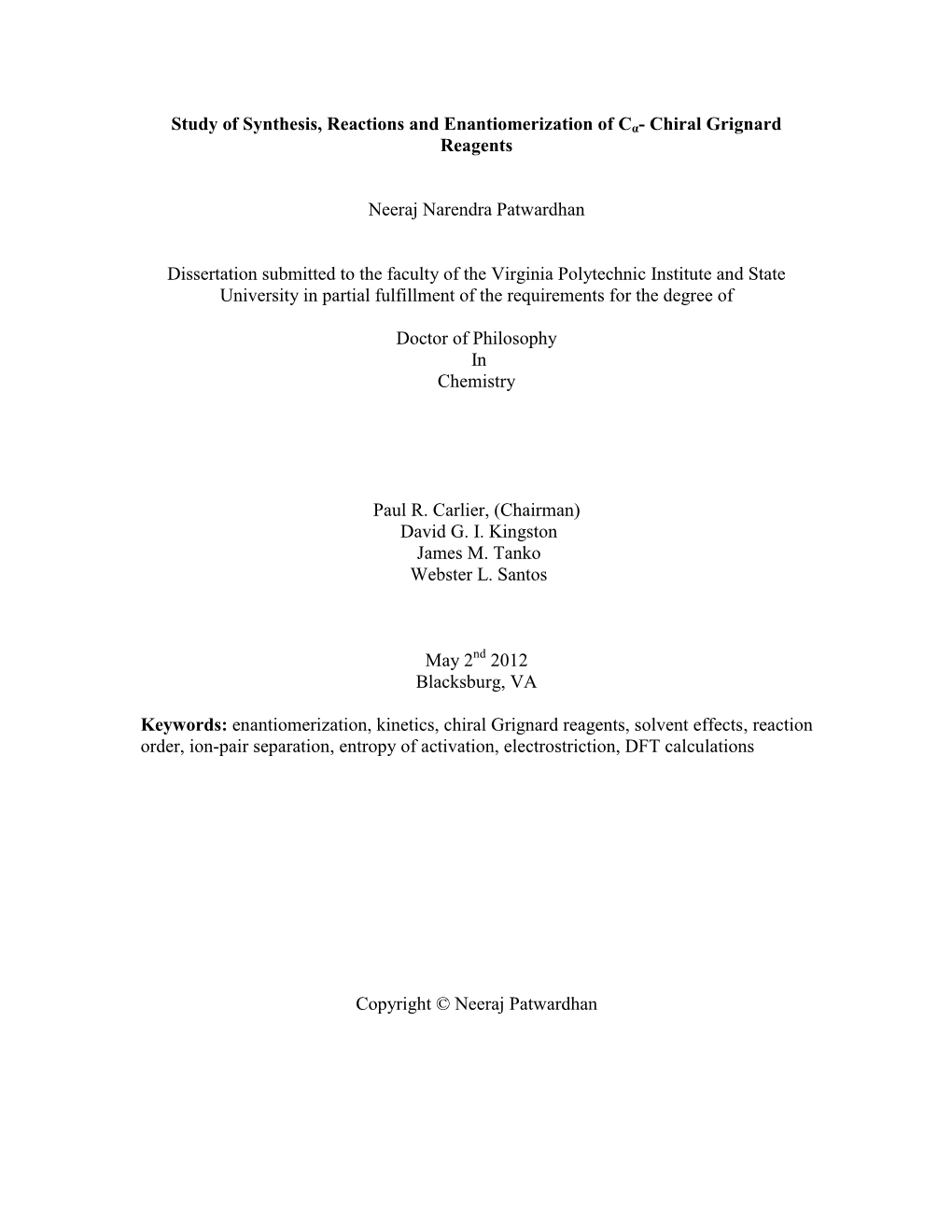 Study of Synthesis, Reactions and Enantiomerization of Cα- Chiral Grignard Reagents