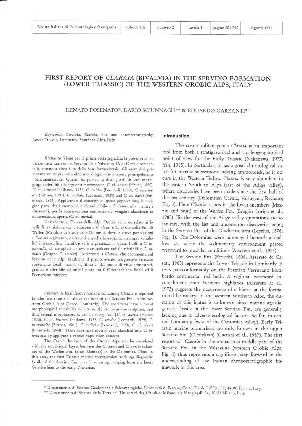 First Report of Claraia (Bivalvia) in the Servino Formation (Lo\Ter Triassic) of the \Testern Orobic Alps, Italy