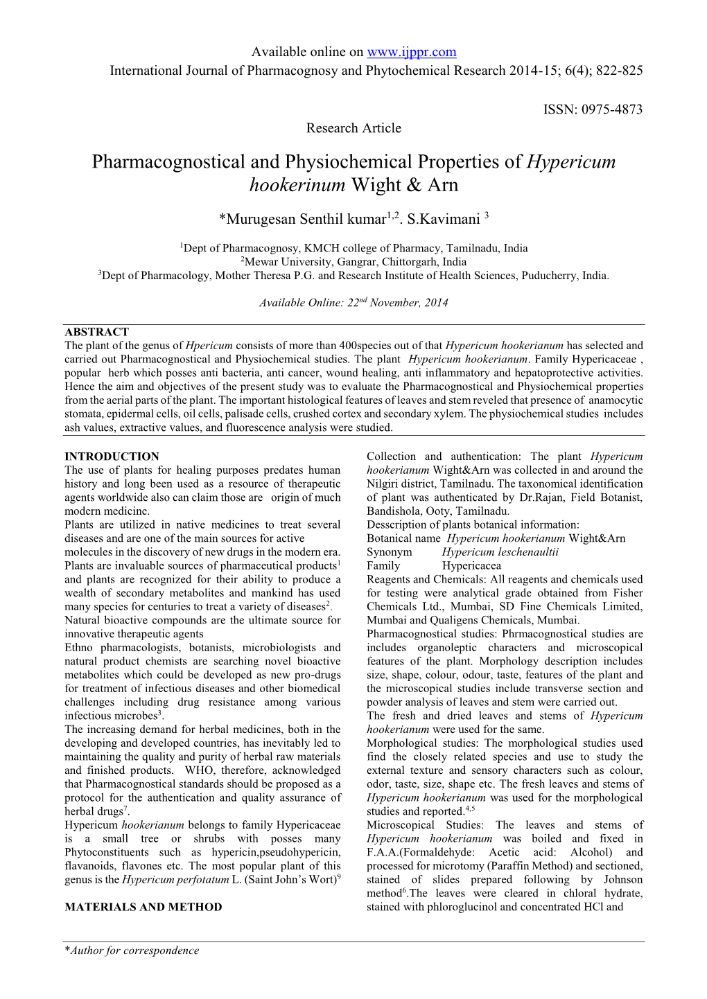 Pharmacognostical and Physiochemical Properties of Hypericum Hookerinum Wight & Arn