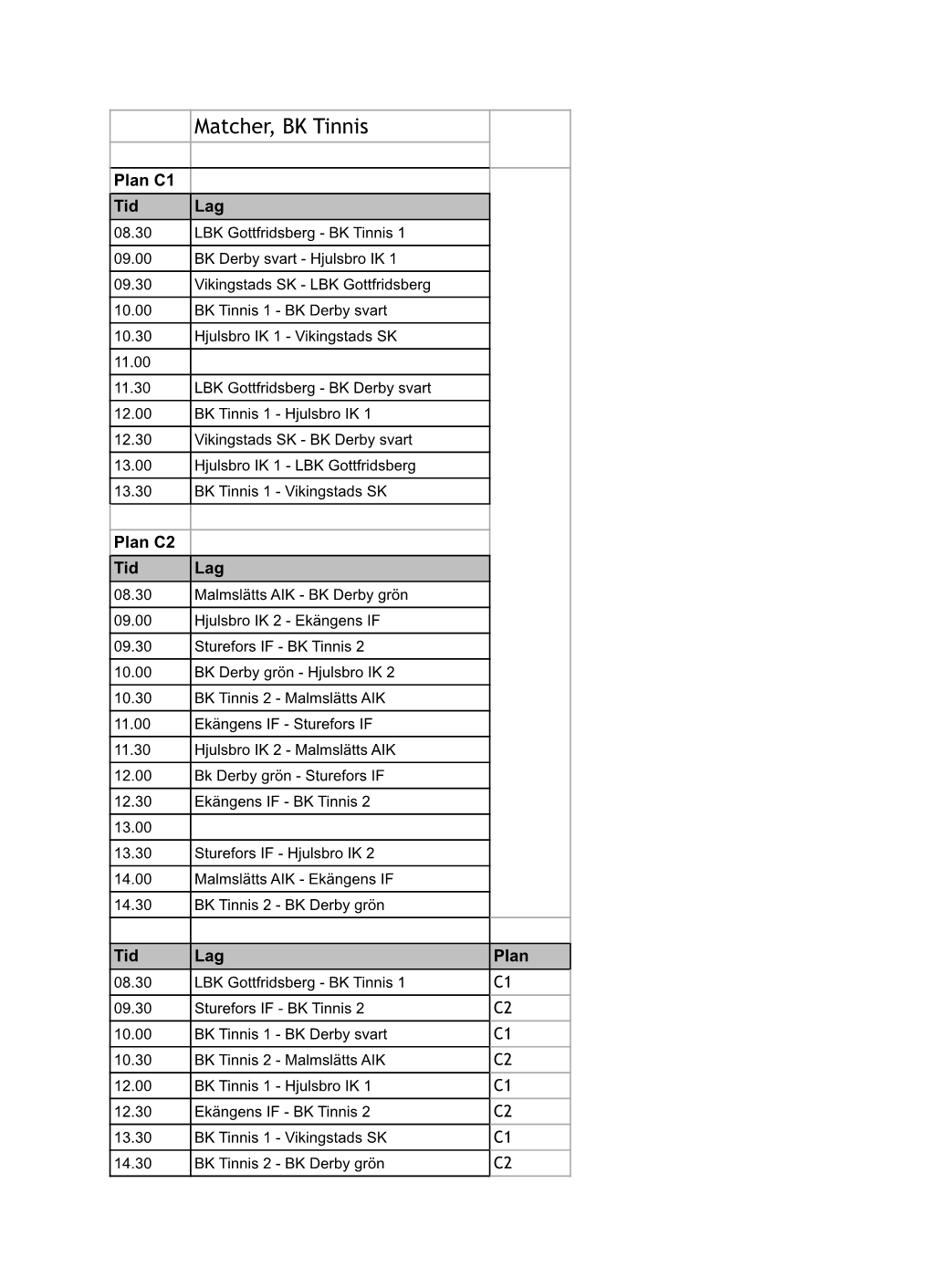 Spelschema Lördag