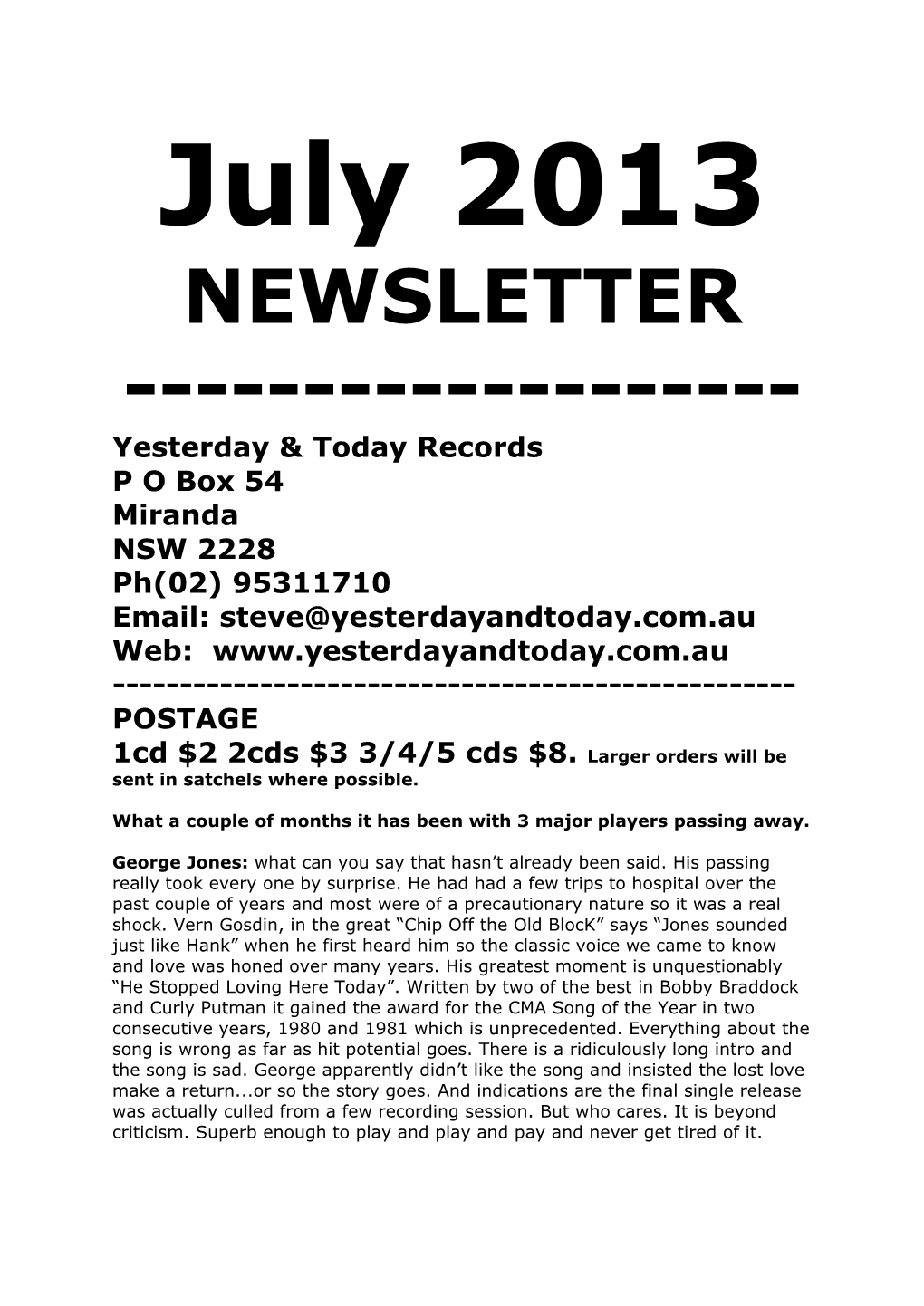 July 2013 Newsletter