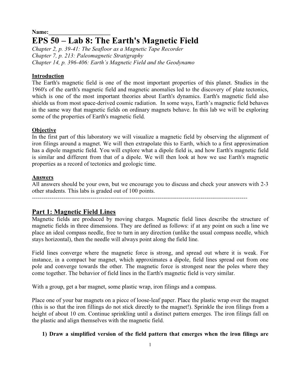 EPS 50 – Lab 8: the Earth's Magnetic Field Chapter 2, P