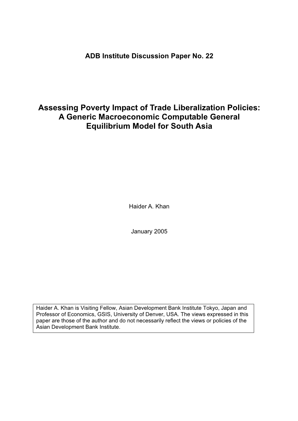 A Generic Macroeconomic Computable General Equilibrium Model for South Asia