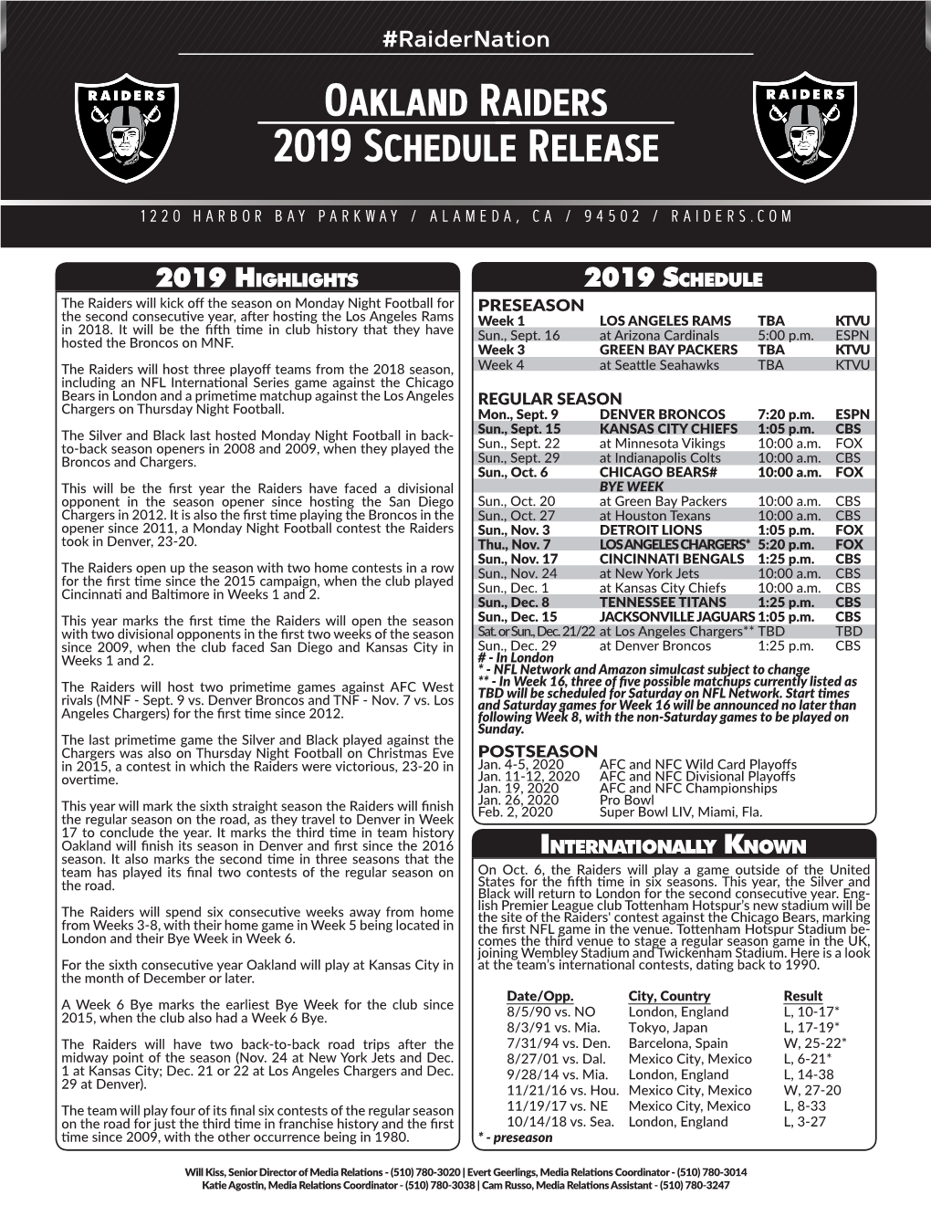 Oakland Raiders 2019 Schedule Release