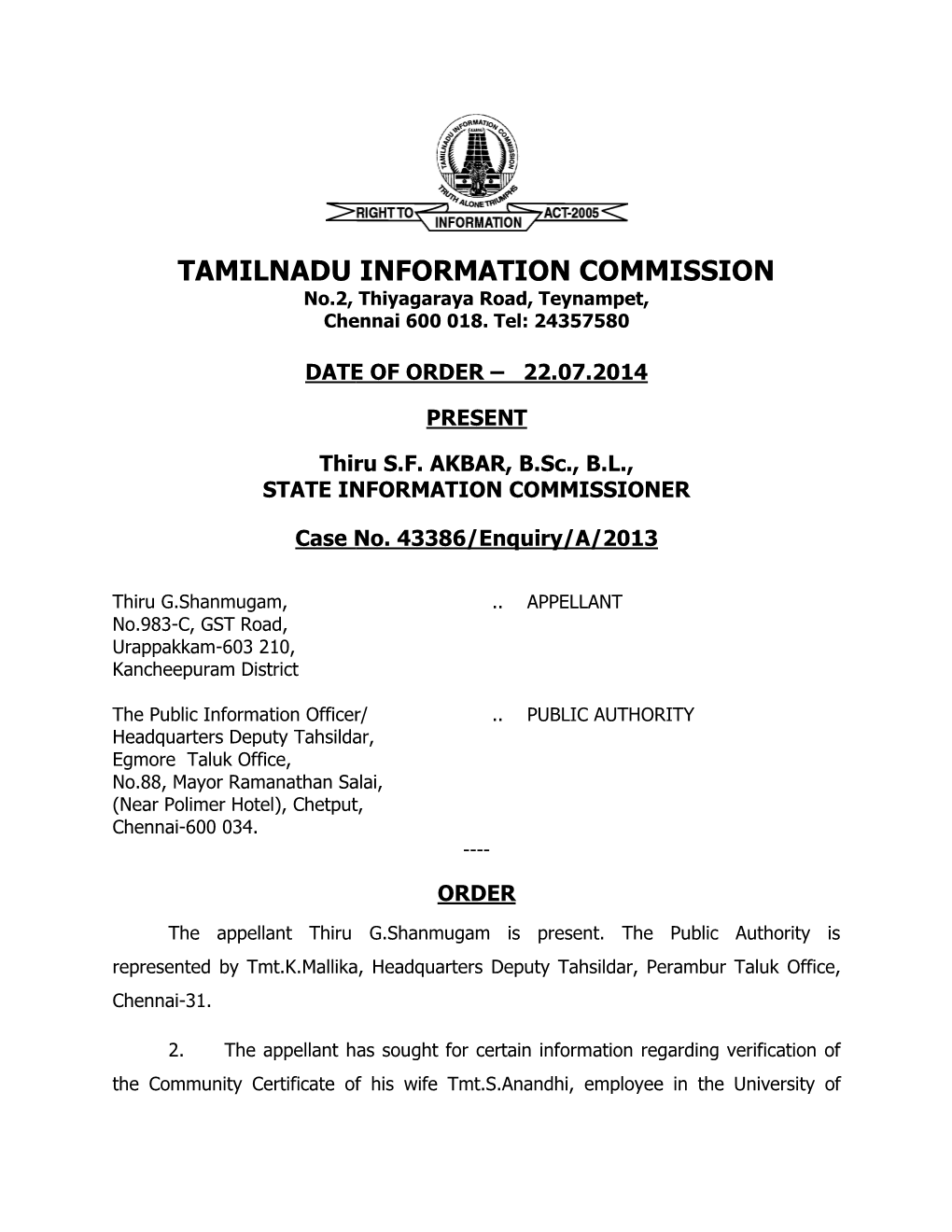 Tamilnadu Informat Milnadu Information Commission