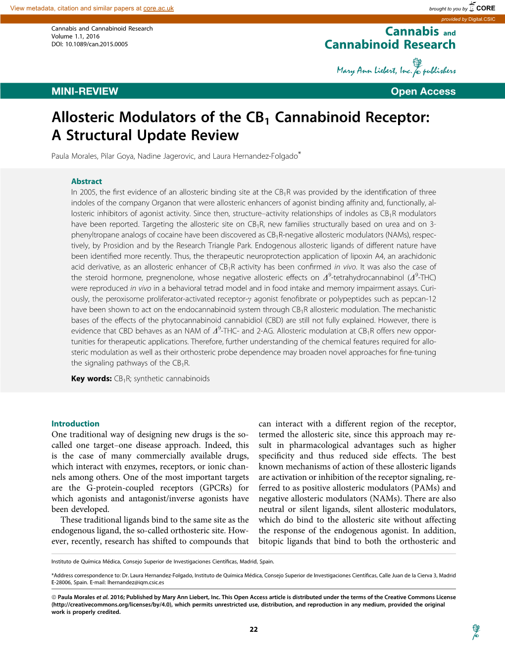 Allosteric Modulators of the CB1 Cannabinoid Receptor