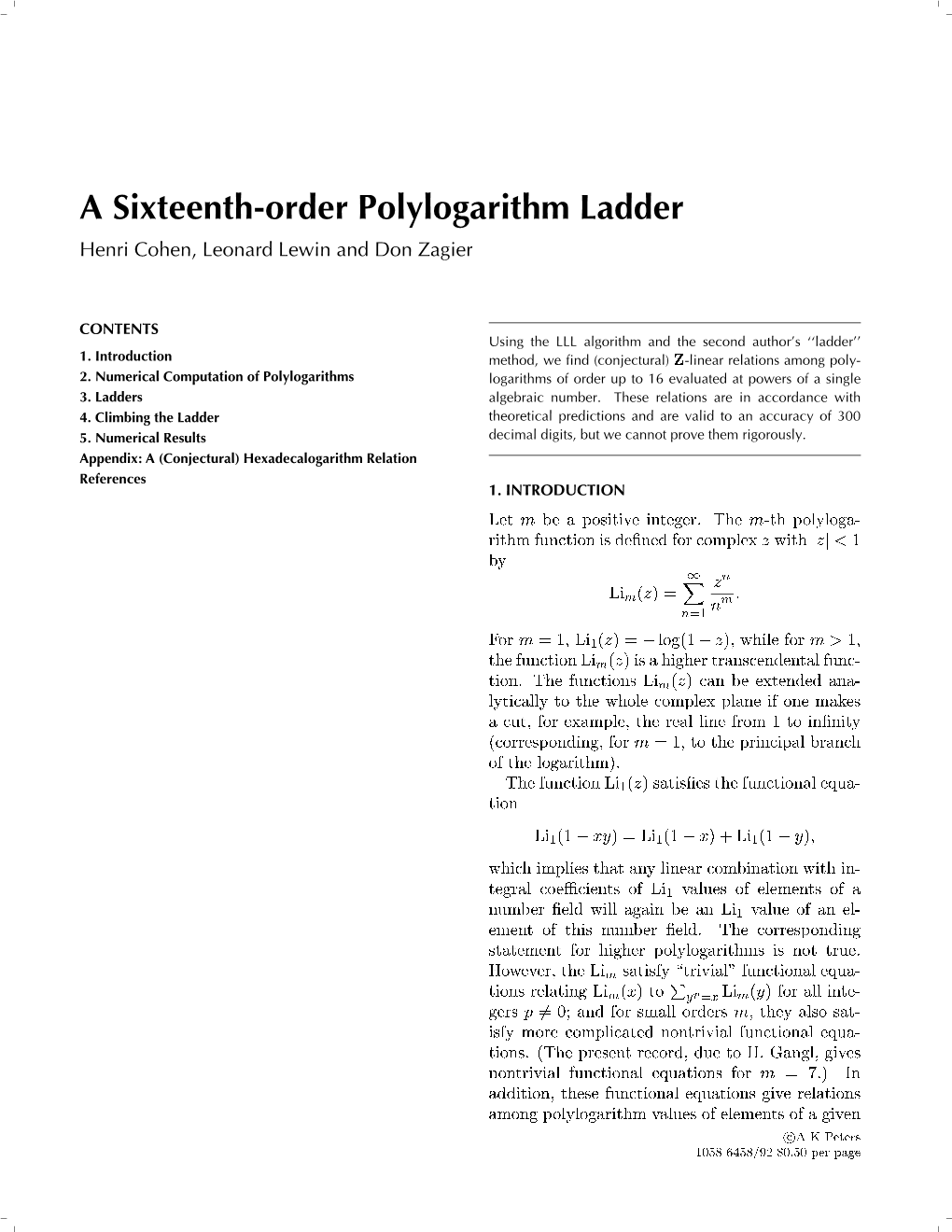 A Sixteenth-Order Polylogarithm Ladder Henri Cohen, Leonard Lewin and Don Zagier