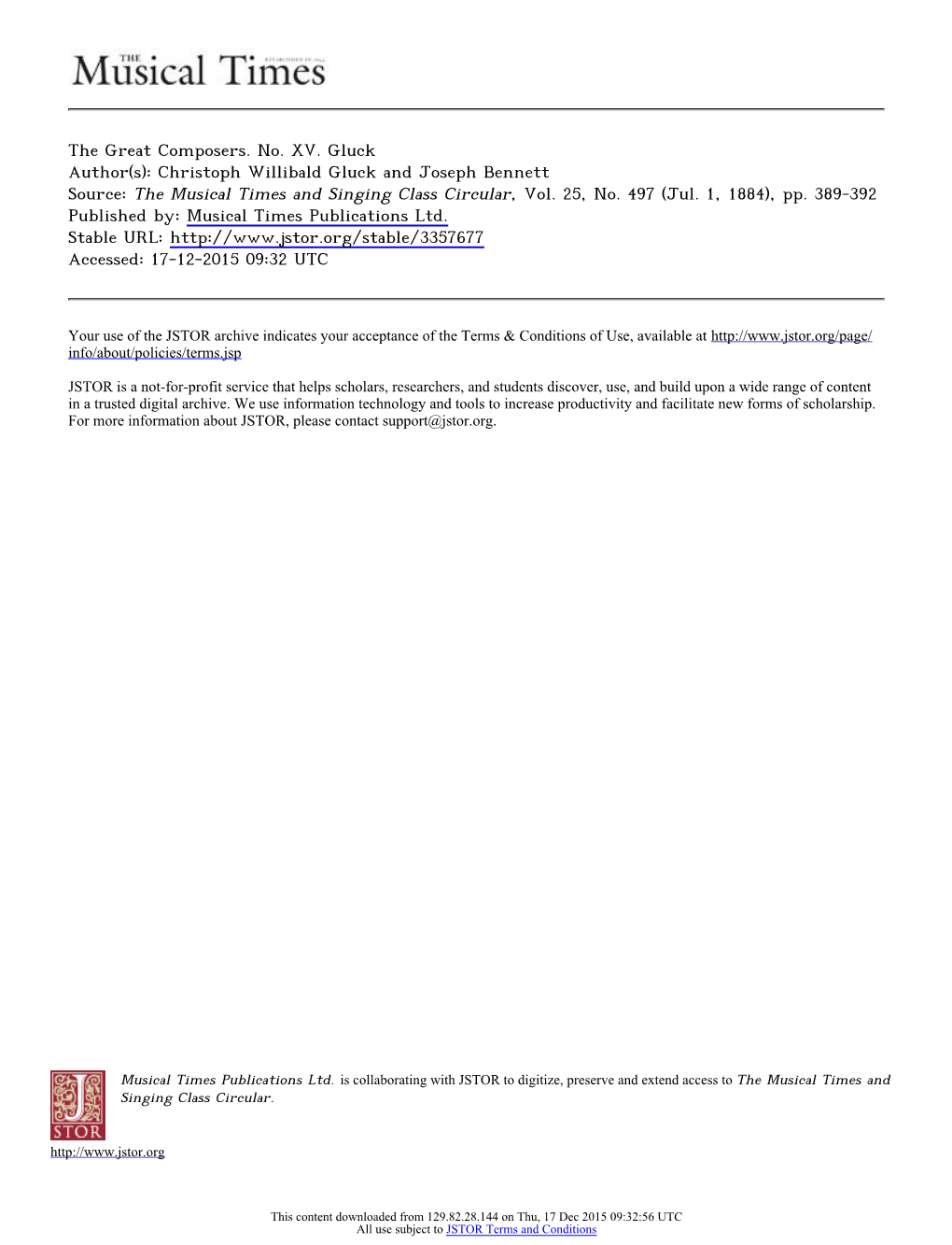 The Great Composers. No. XV. Gluck Author(S): Christoph Willibald Gluck and Joseph Bennett Source: the Musical Times and Singing Class Circular, Vol