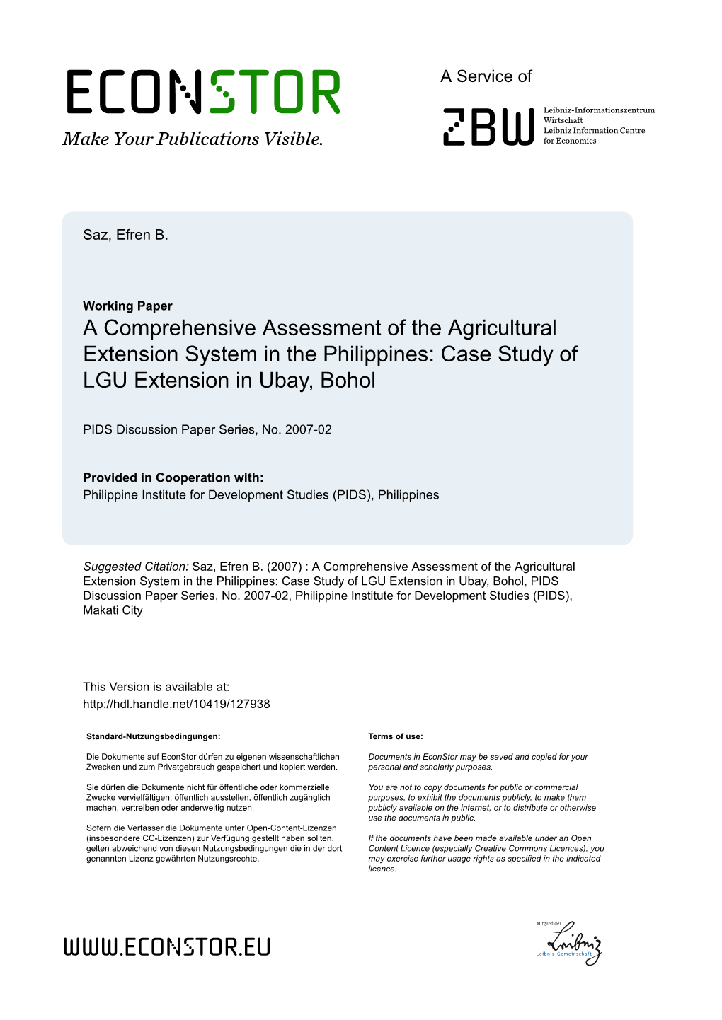 A Comprehensive Assessment of the Agricultural Extension System in the Philippines: Case Study of LGU Extension in Ubay, Bohol