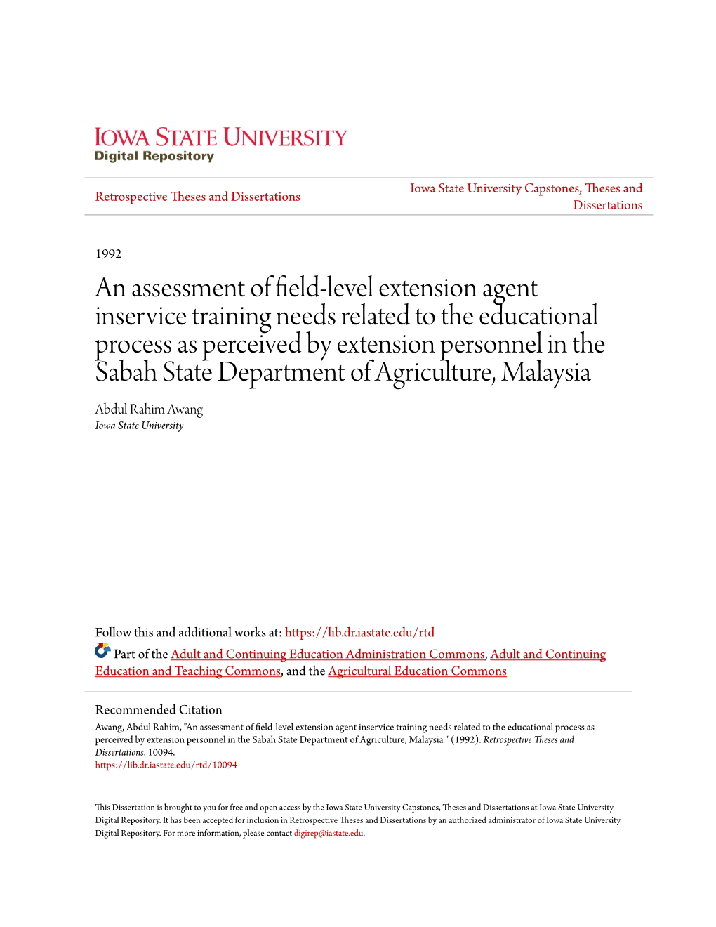 An Assessment of Field-Level Extension Agent Inservice Training Needs