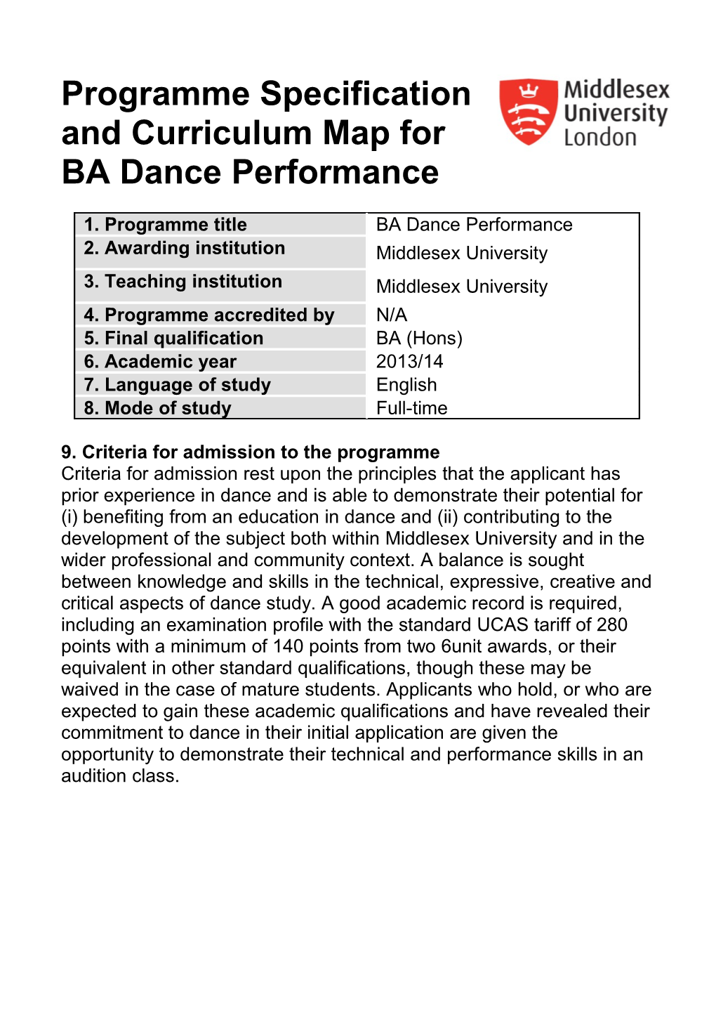 9. Criteria for Admission to the Programme