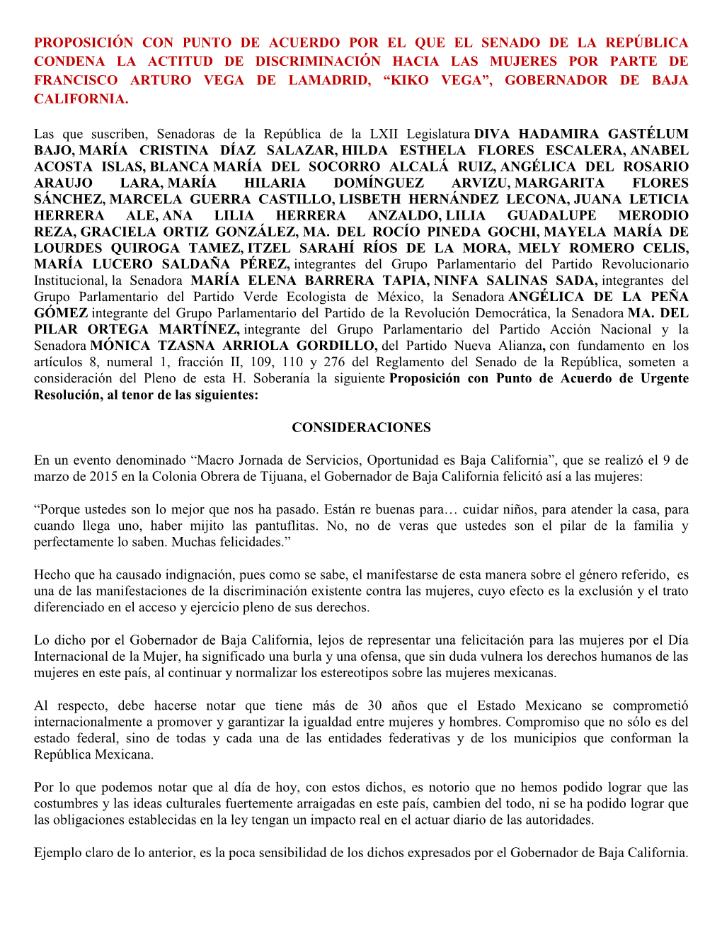 Proposición Con Punto De Acuerdo Por El Que El Senado De La República Condena La Actitud De Discriminación Hacia Las Mujeres