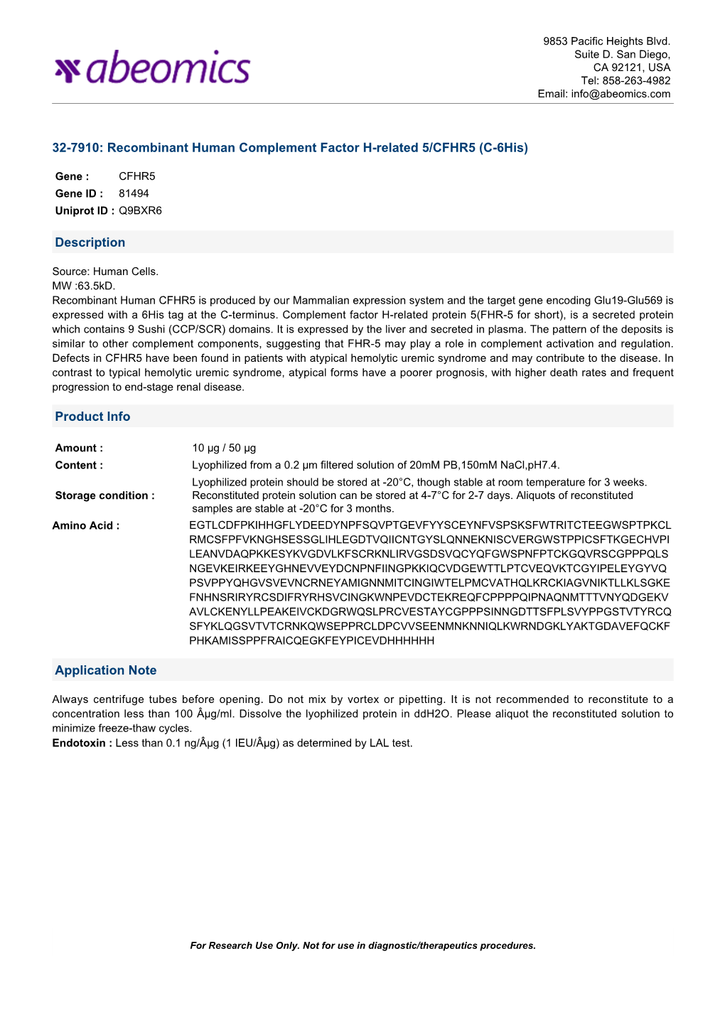 Recombinant Human Complement Factor H-Related 5/CFHR5 (C-6His)