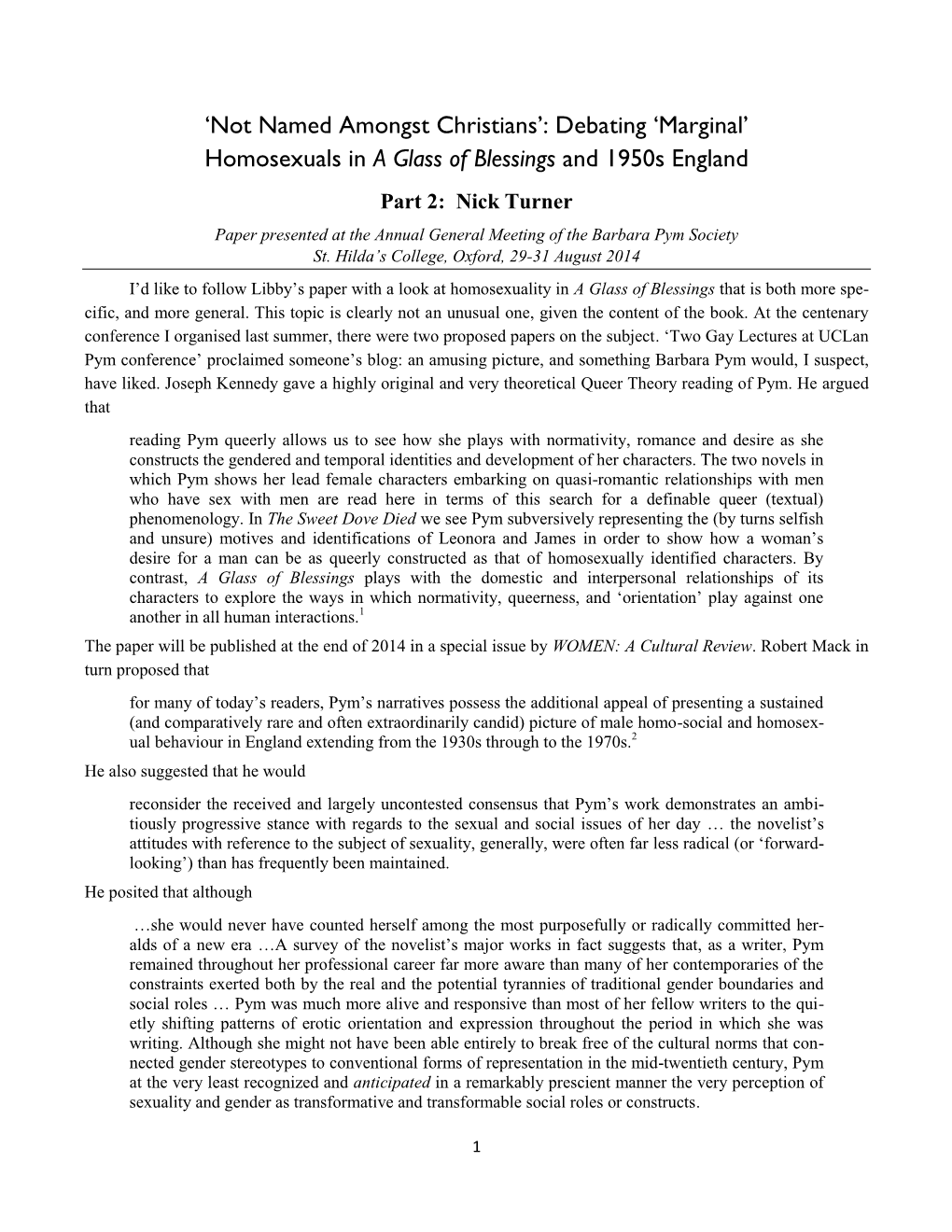 Homosexuals in a Glass of Blessings and 1950S England Part 2: Nick Turner Paper Presented at the Annual General Meeting of the Barbara Pym Society St