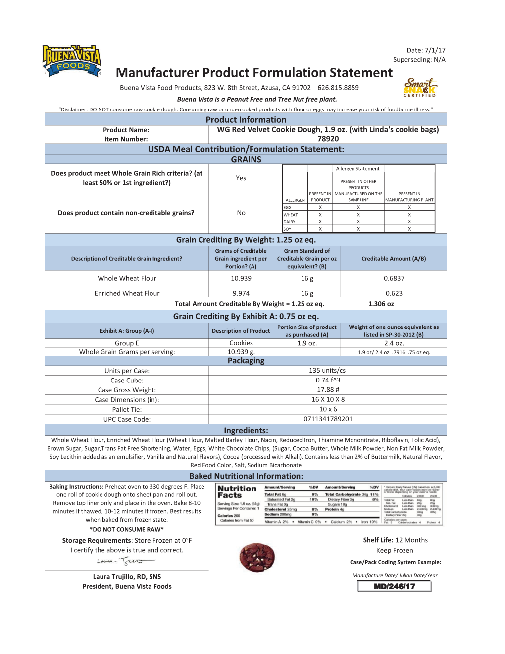 Manufacturer Product Formulation Statement Buena Vista Food Products, 823 W