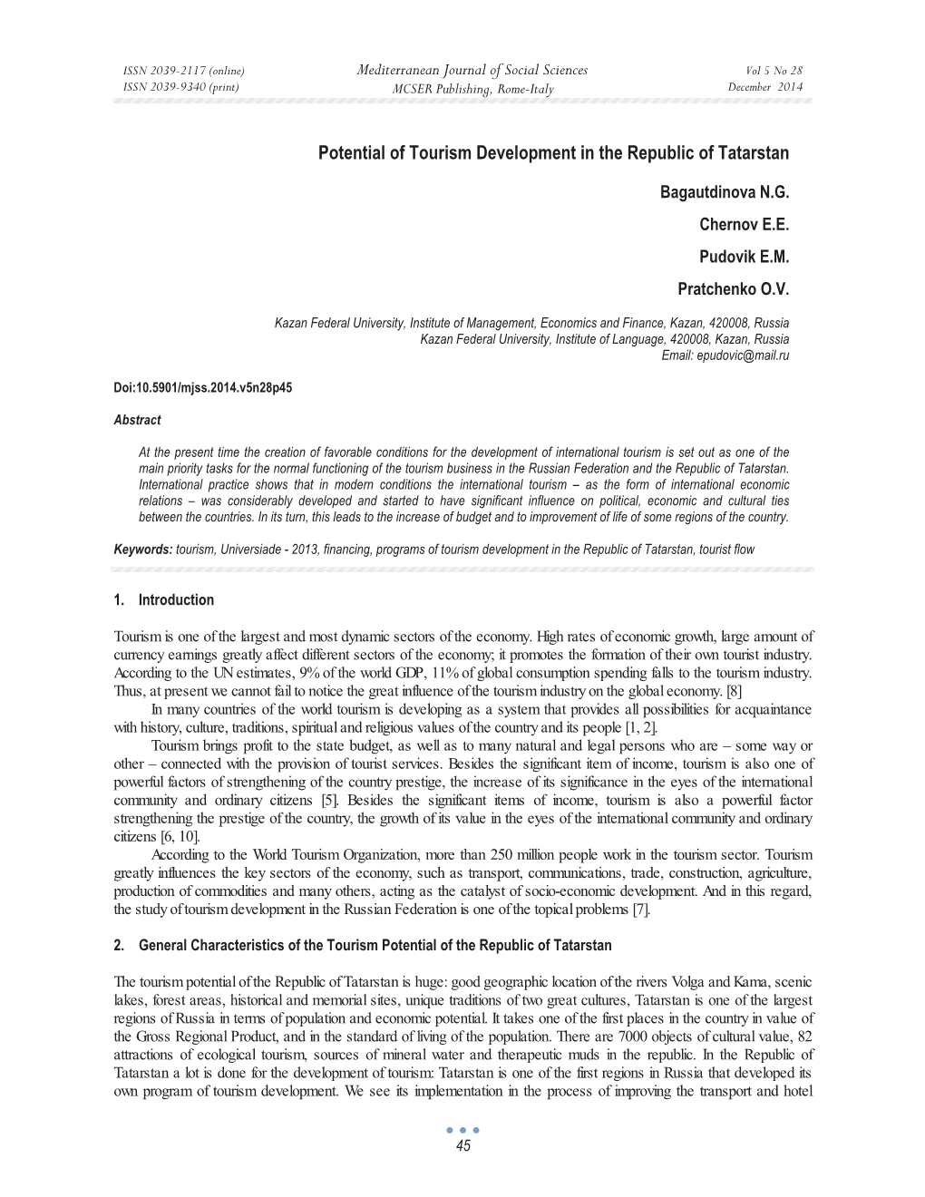 Potential of Tourism Development in the Republic of Tatarstan