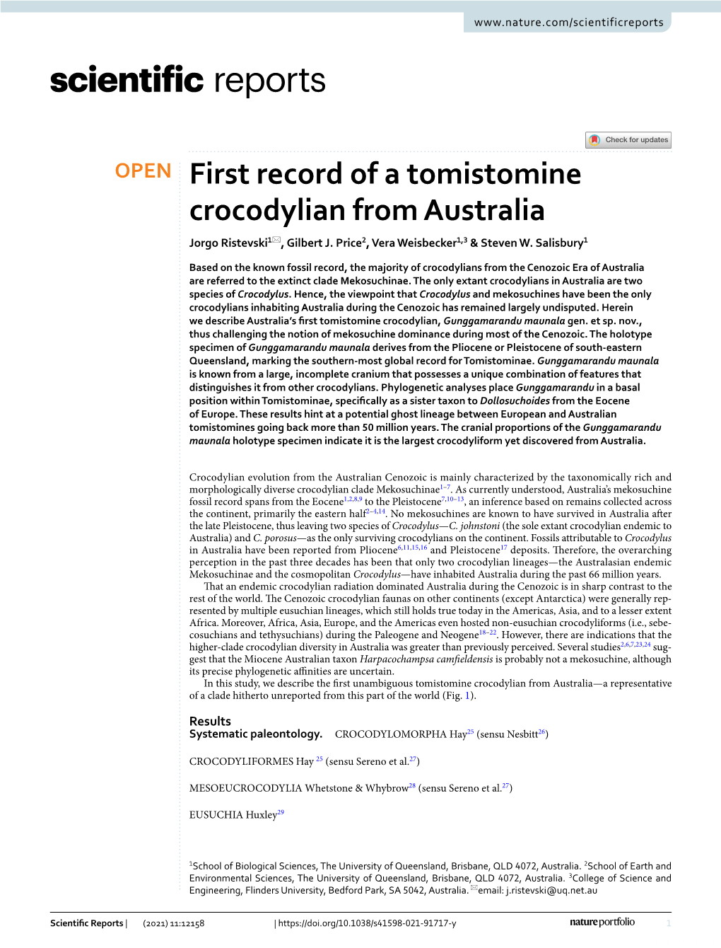 First Record of a Tomistomine Crocodylian from Australia Jorgo Ristevski1*, Gilbert J