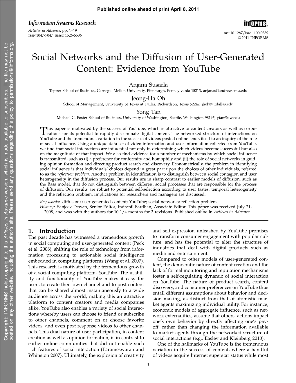 Social Networks and the Diffusion of User-Generated Content: Evidence from Youtube