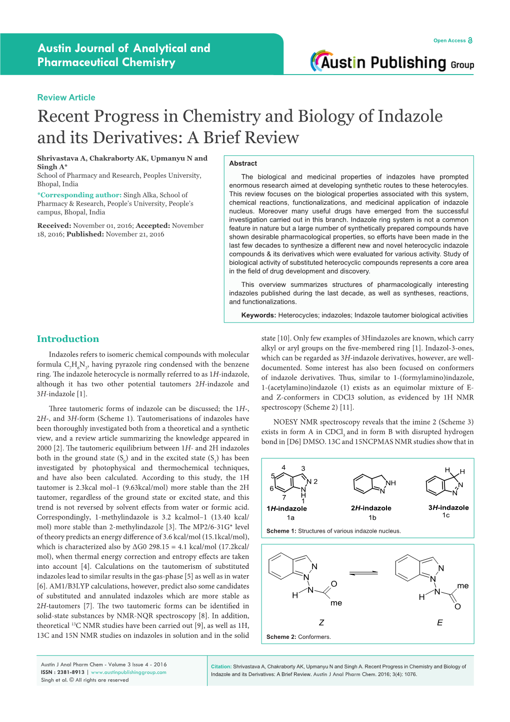 Recent Progress in Chemistry and Biology of Indazole and Its Derivatives: a Brief Review