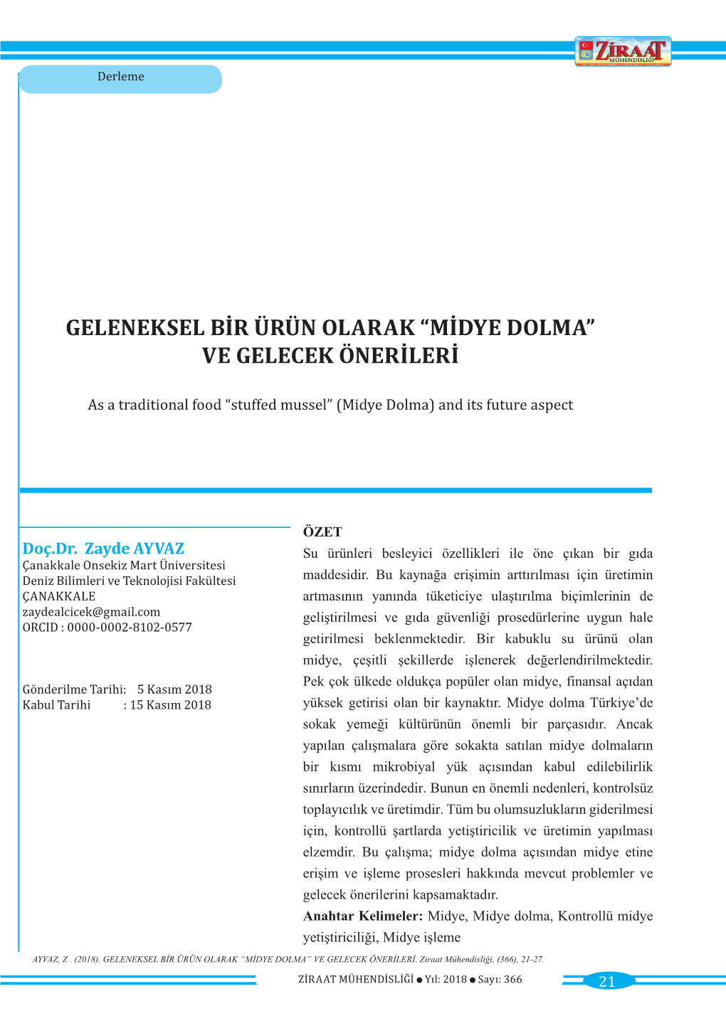 Geleneksel Bir Ürün Olarak “Midye Dolma” Ve Gelecek Önerileri