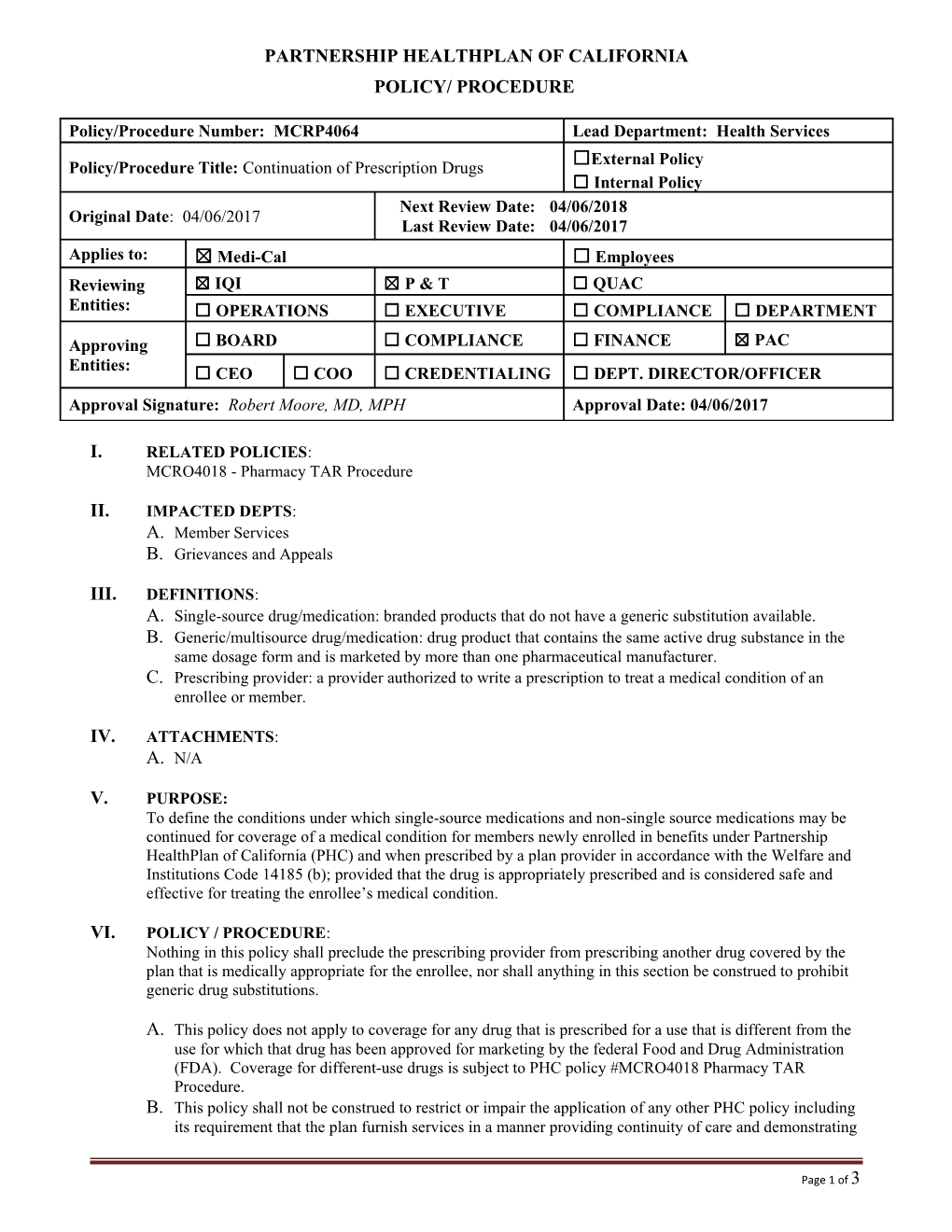 Continuation Of Prescription Drugs