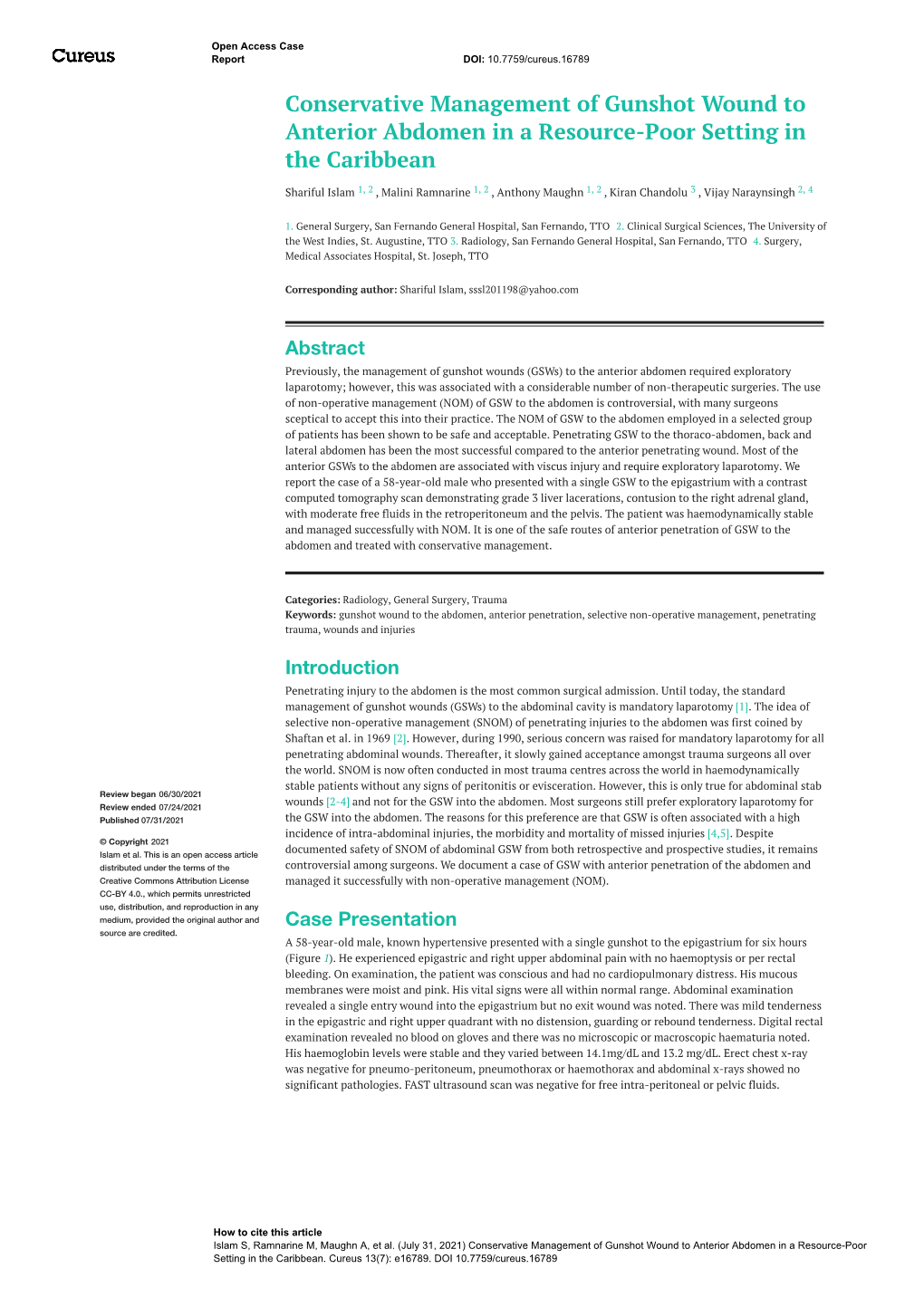 Conservative Management of Gunshot Wound to Anterior Abdomen in a Resource-Poor Setting in the Caribbean