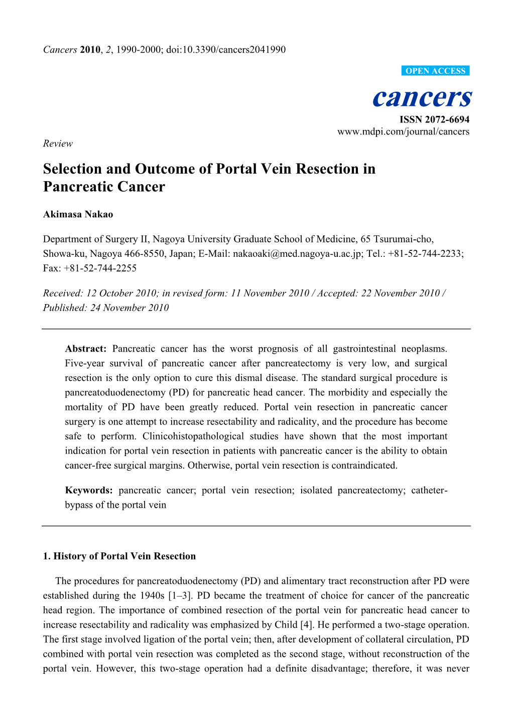 Selection and Outcome of Portal Vein Resection in Pancreatic Cancer