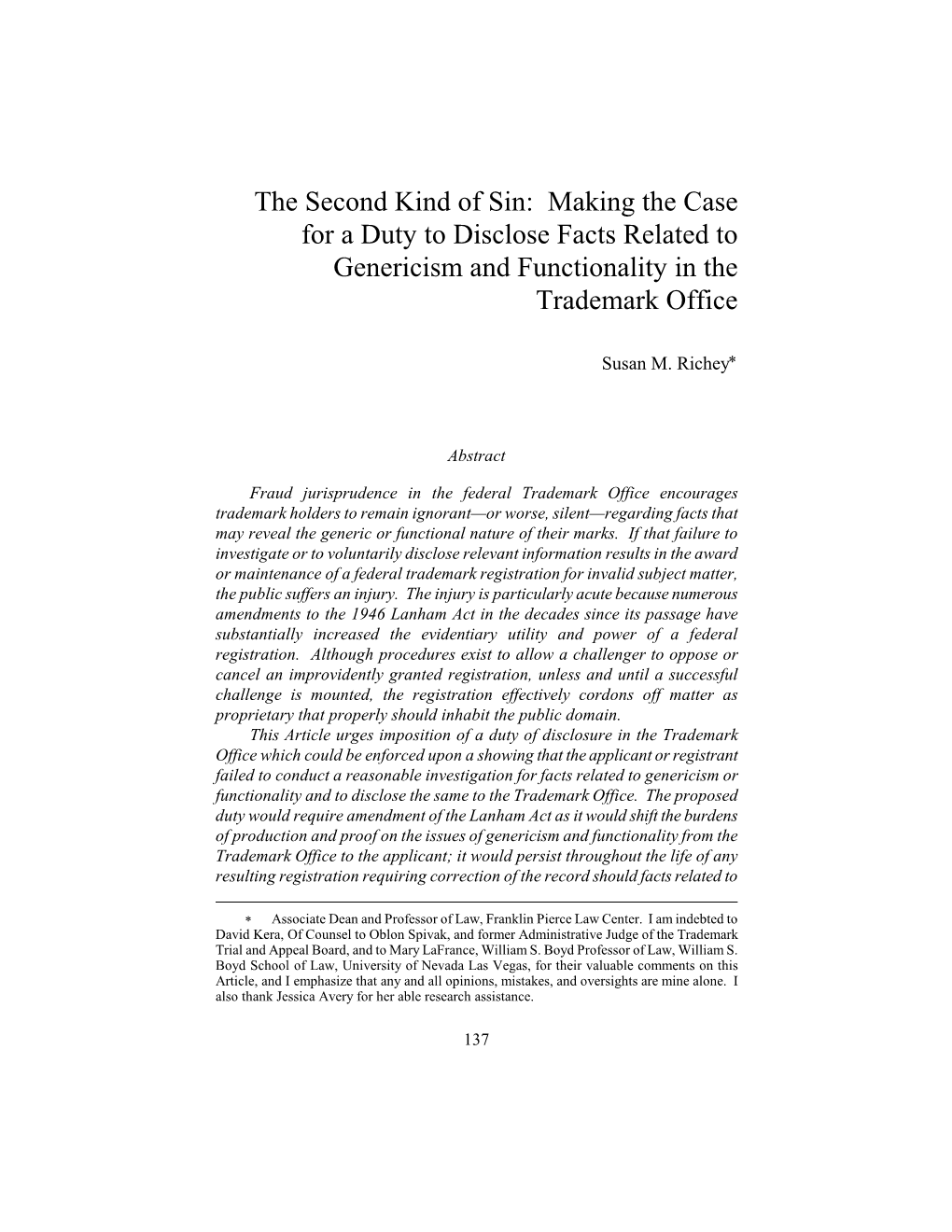 The Second Kind of Sin: Making the Case for a Duty to Disclose Facts Related to Genericism and Functionality in the Trademark Office