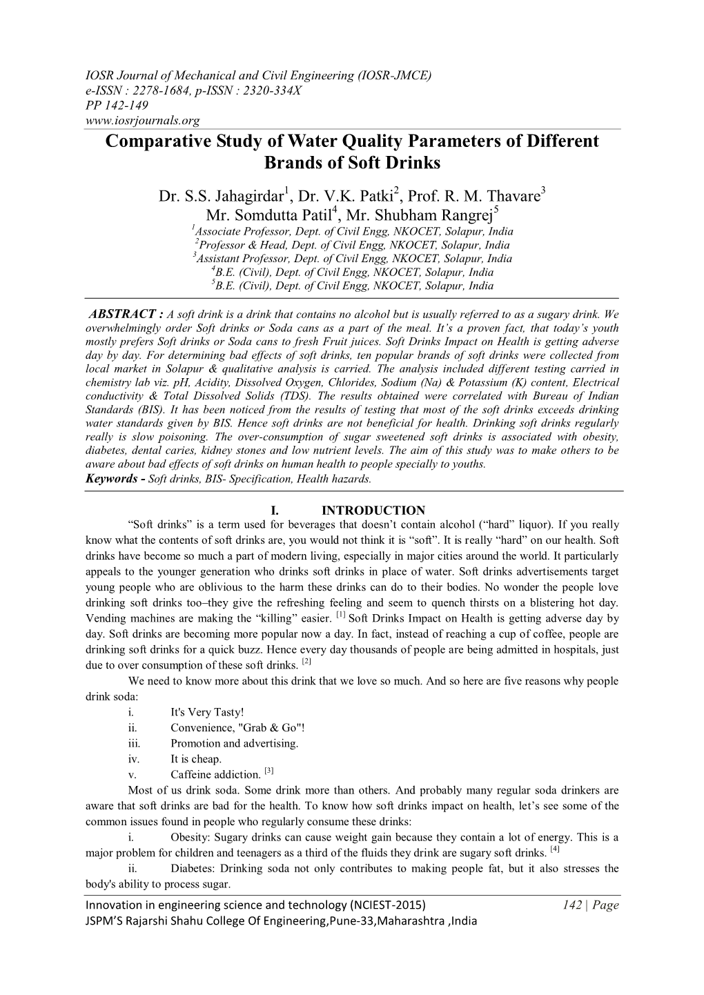 Comparative Study of Water Quality Parameters of Different Brands of Soft Drinks