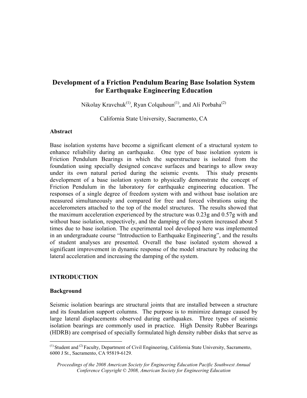 Development of a Friction Pendulumbearing Base Isolation System for Earthquake Engineering Education