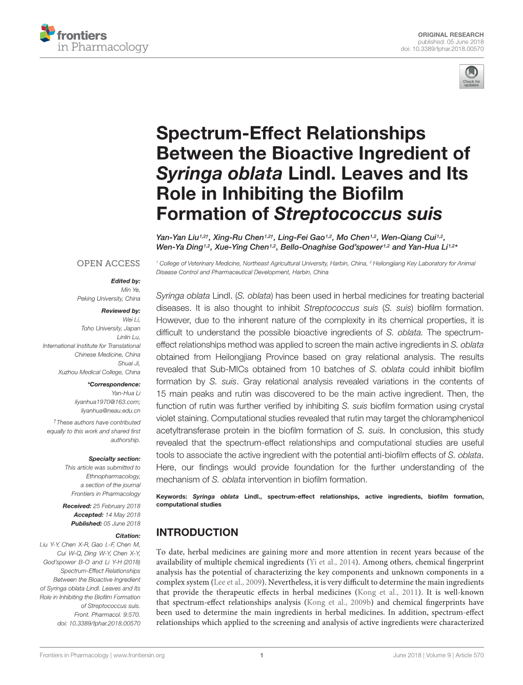 Spectrum-Effect Relationships Between the Bioactive Ingredient of Syringa Oblata Lindl