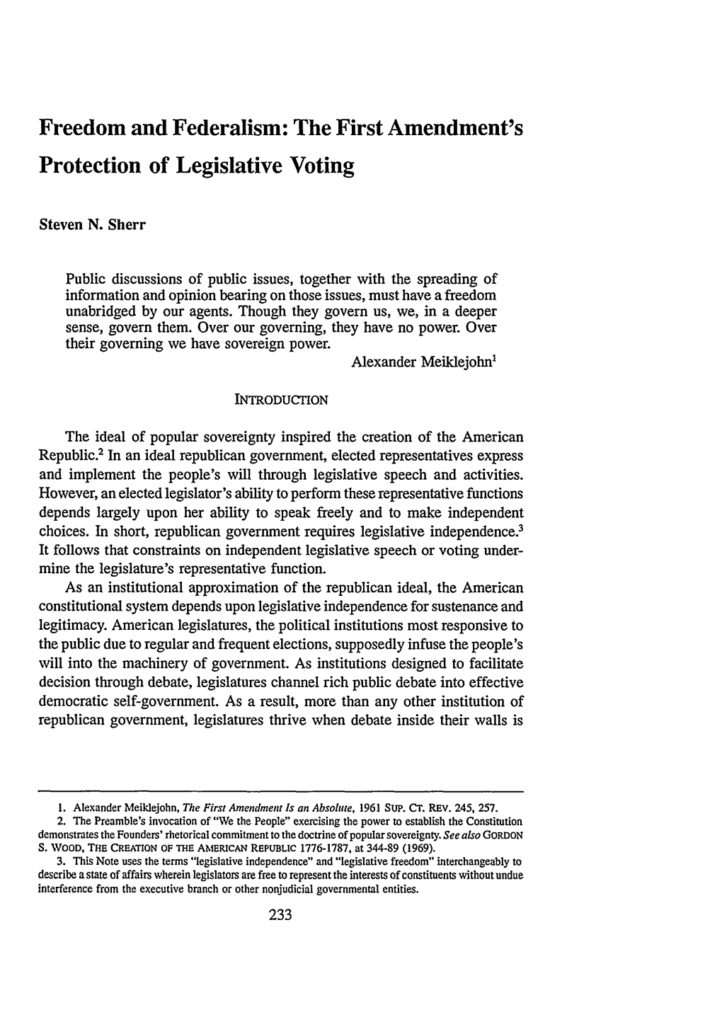 Freedom and Federalism: the First Amendment's Protection of Legislative Voting