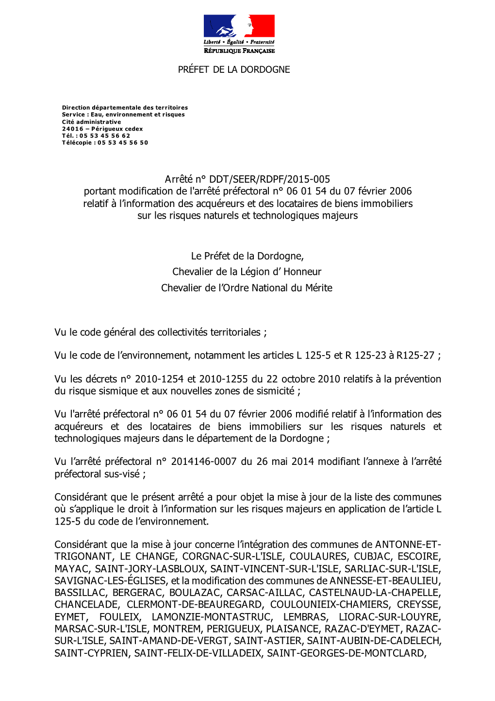 Arrêté N° DDT/SEER/RDPF/2015-005