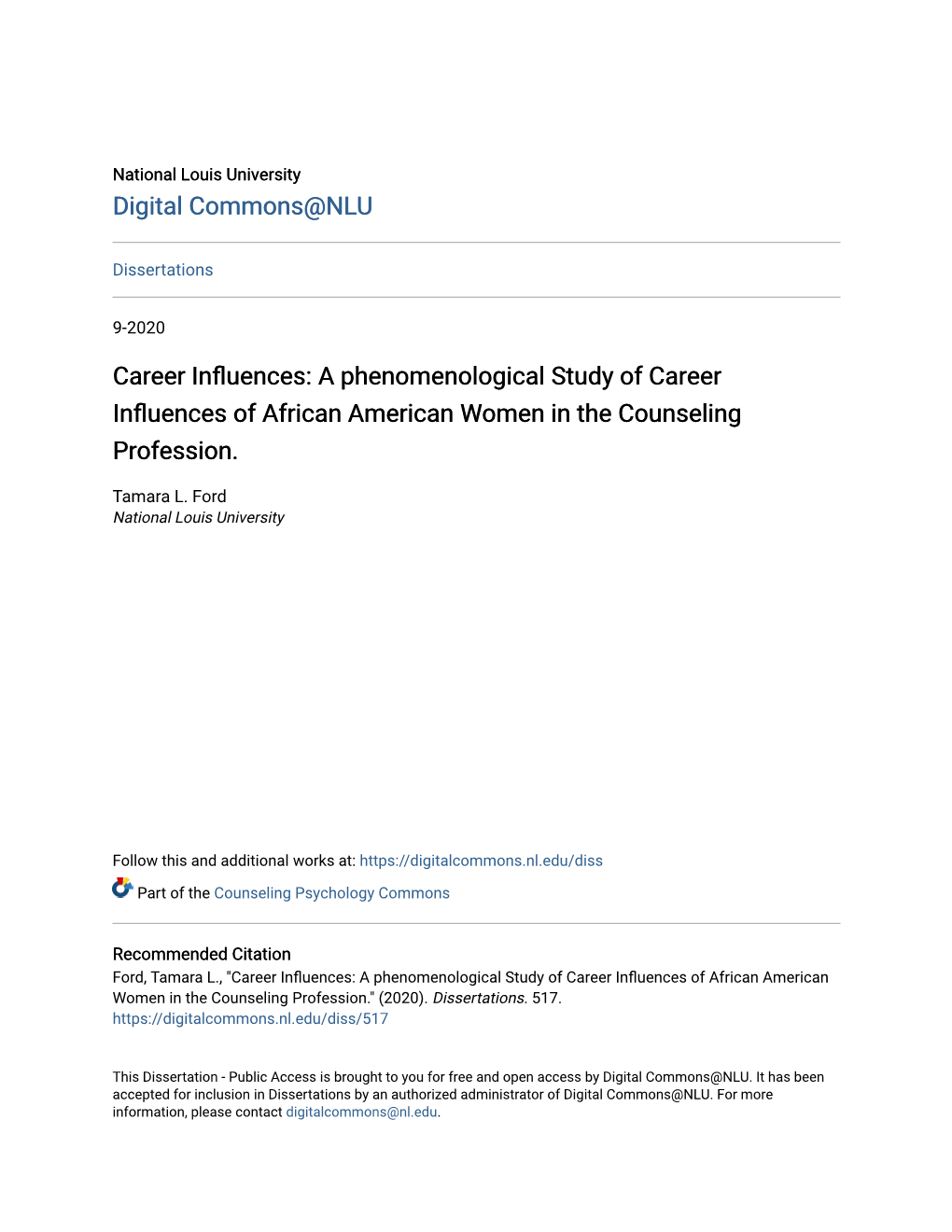 A Phenomenological Study of Career Influences of African American Omenw in the Counseling Profession