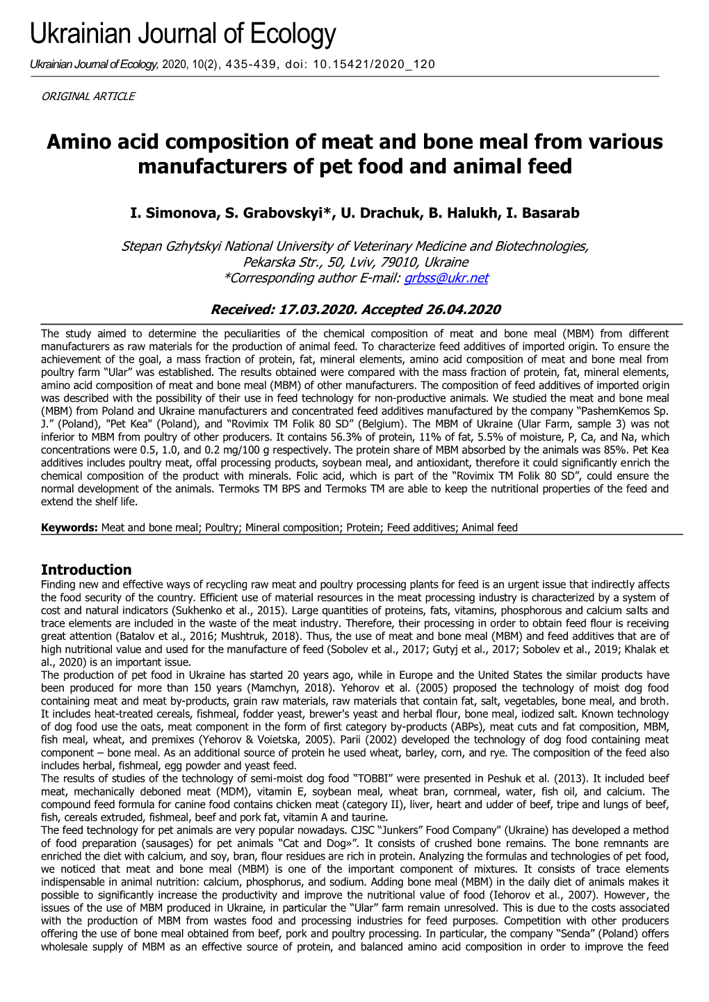 Amino Acid Composition of Meat and Bone Meal from Various Manufacturers of Pet Food and Animal Feed