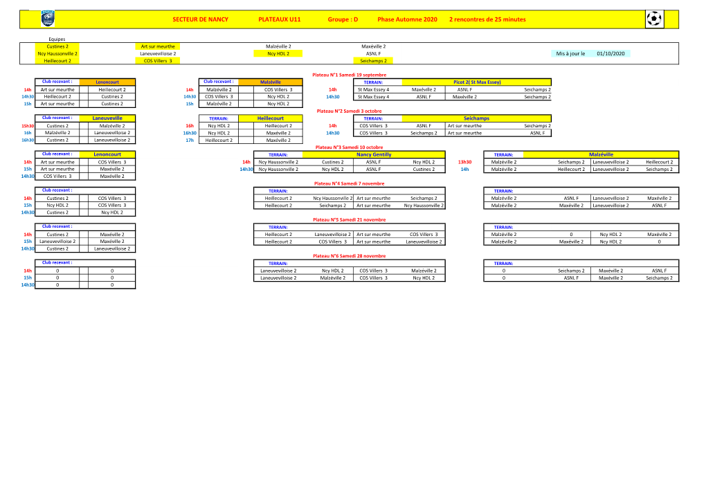 SECTEUR DE NANCY PLATEAUX U11 Groupe : D Phase Automne 2020 2 Rencontres De 25 Minutes