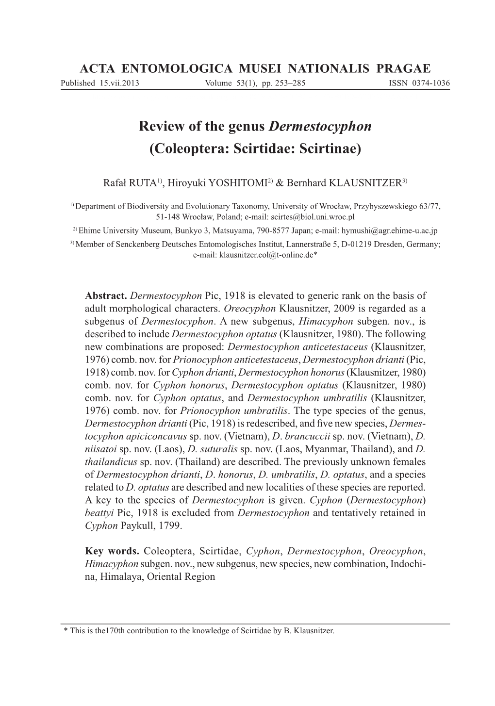 Review of the Genus Dermestocyphon (Coleoptera: Scirtidae: Scirtinae)