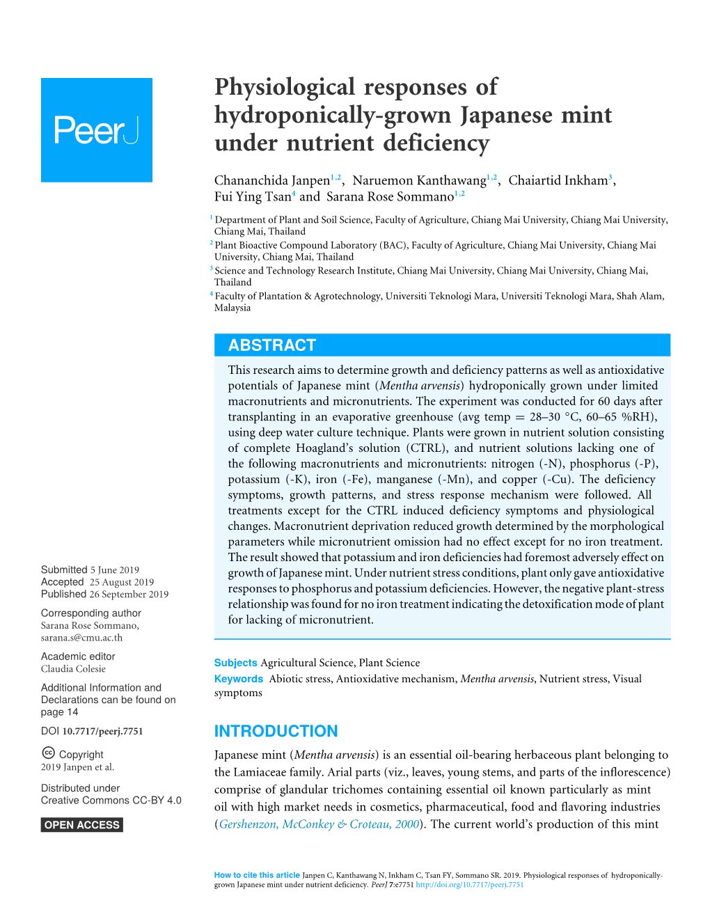 Physiological Responses of Hydroponically-Grown Japanese Mint Under Nutrient Deficiency