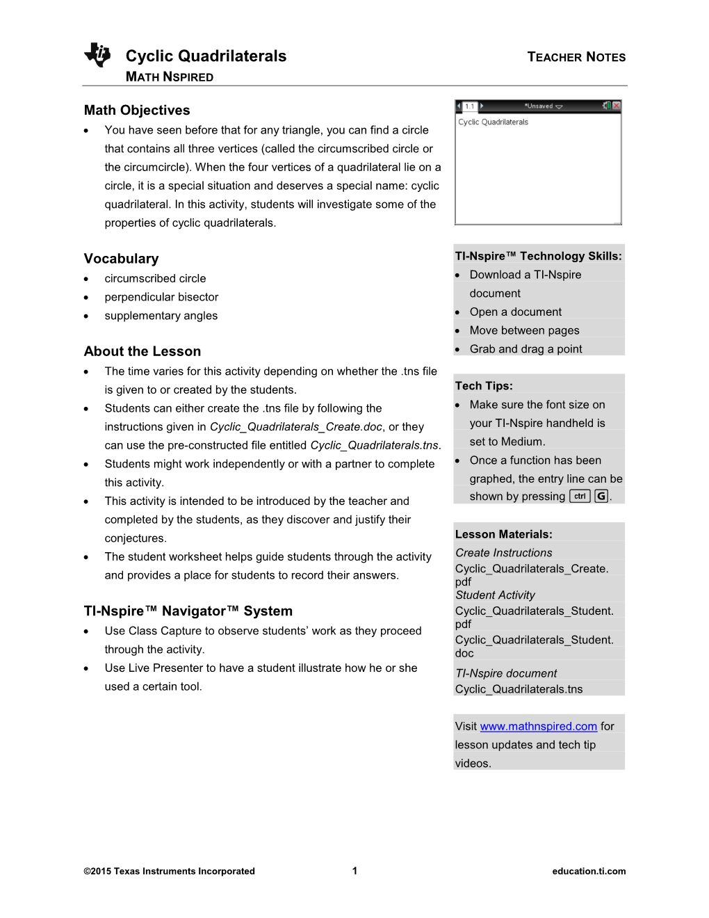 Cyclic Quadrilaterals TEACHER NOTES MATH NSPIRED