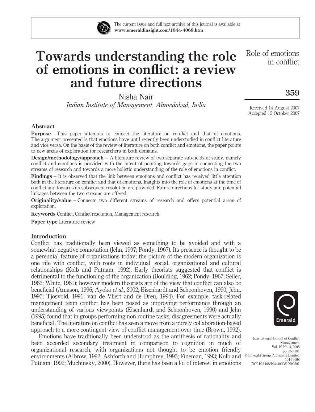 Towards Understanding the Role of Emotions in Conflict